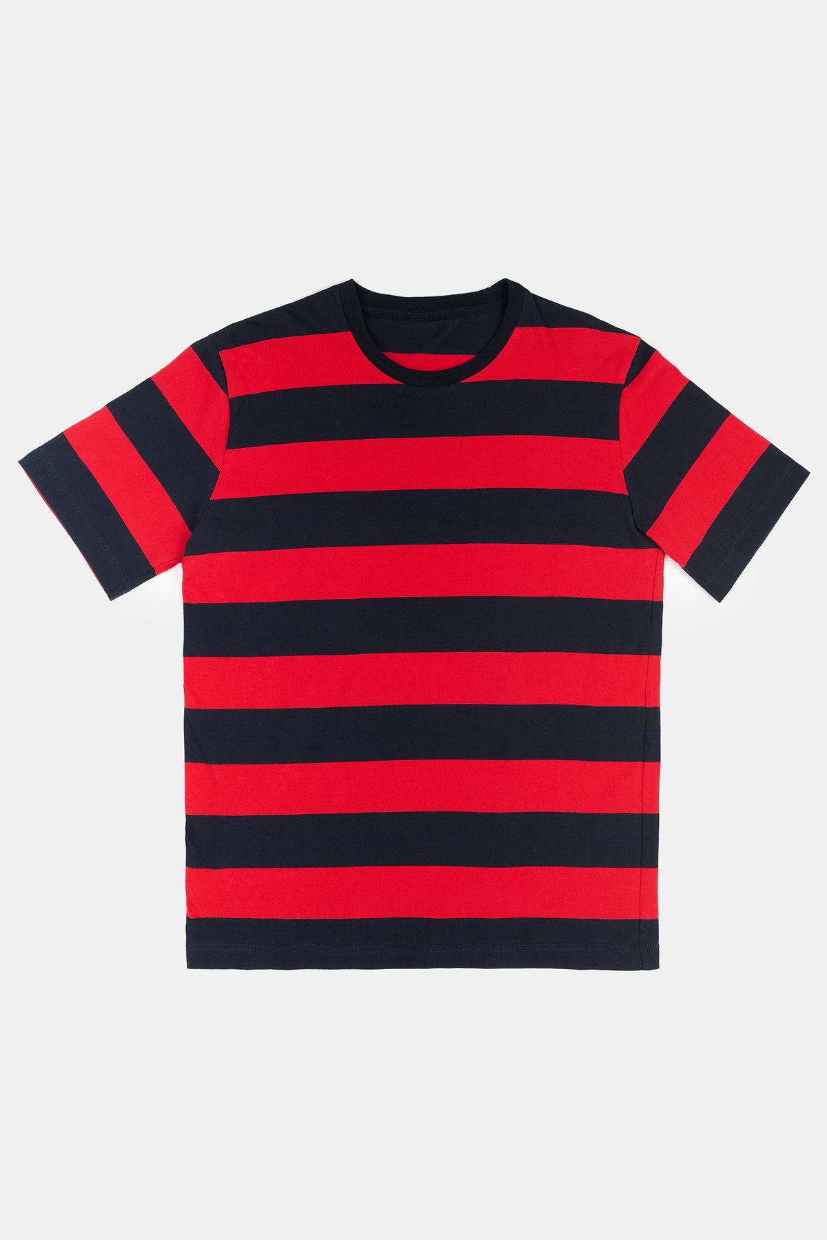Flatlay product image of wide stripe short sleeve t shirt in red navy