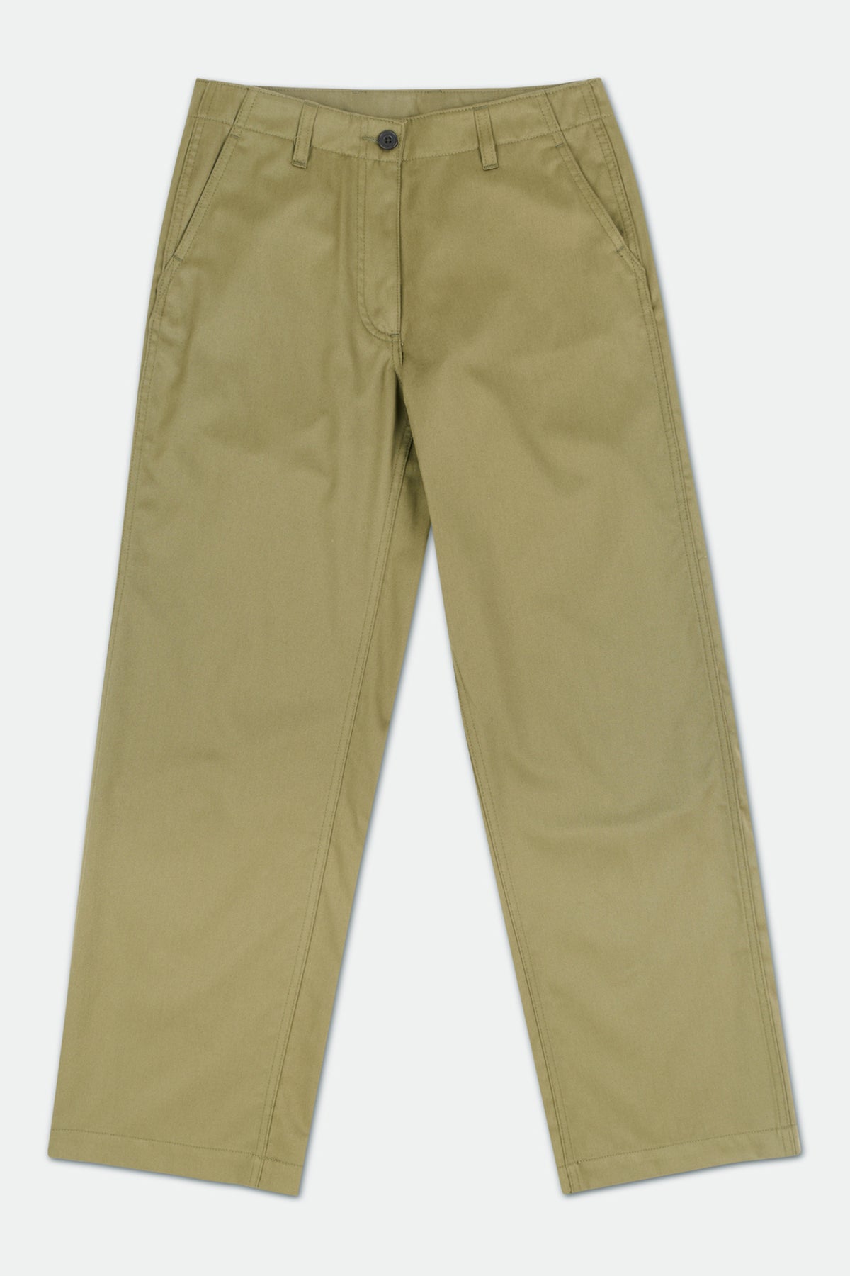 
            Women&#39;s work trousers in olive made from 215g cotton with brown button fastening and zip fly, two front and two back pockets.