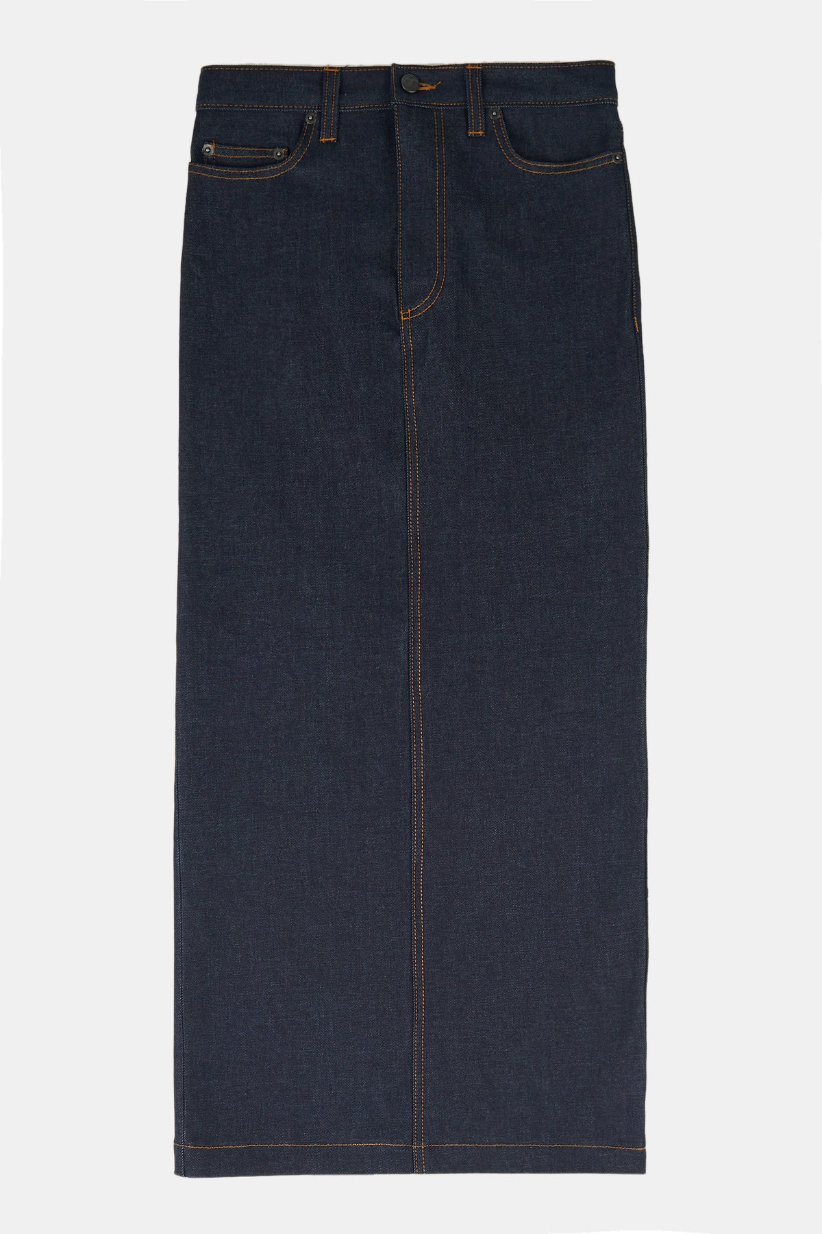 
            Flatlay product shot of women&#39; Frankie denim maxi skirt in indigo