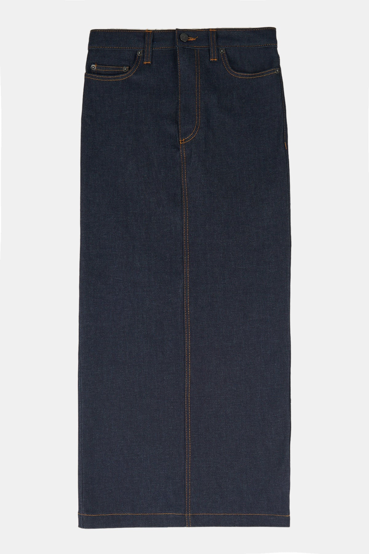 Flatlay product shot of women' Frankie denim maxi skirt in indigo