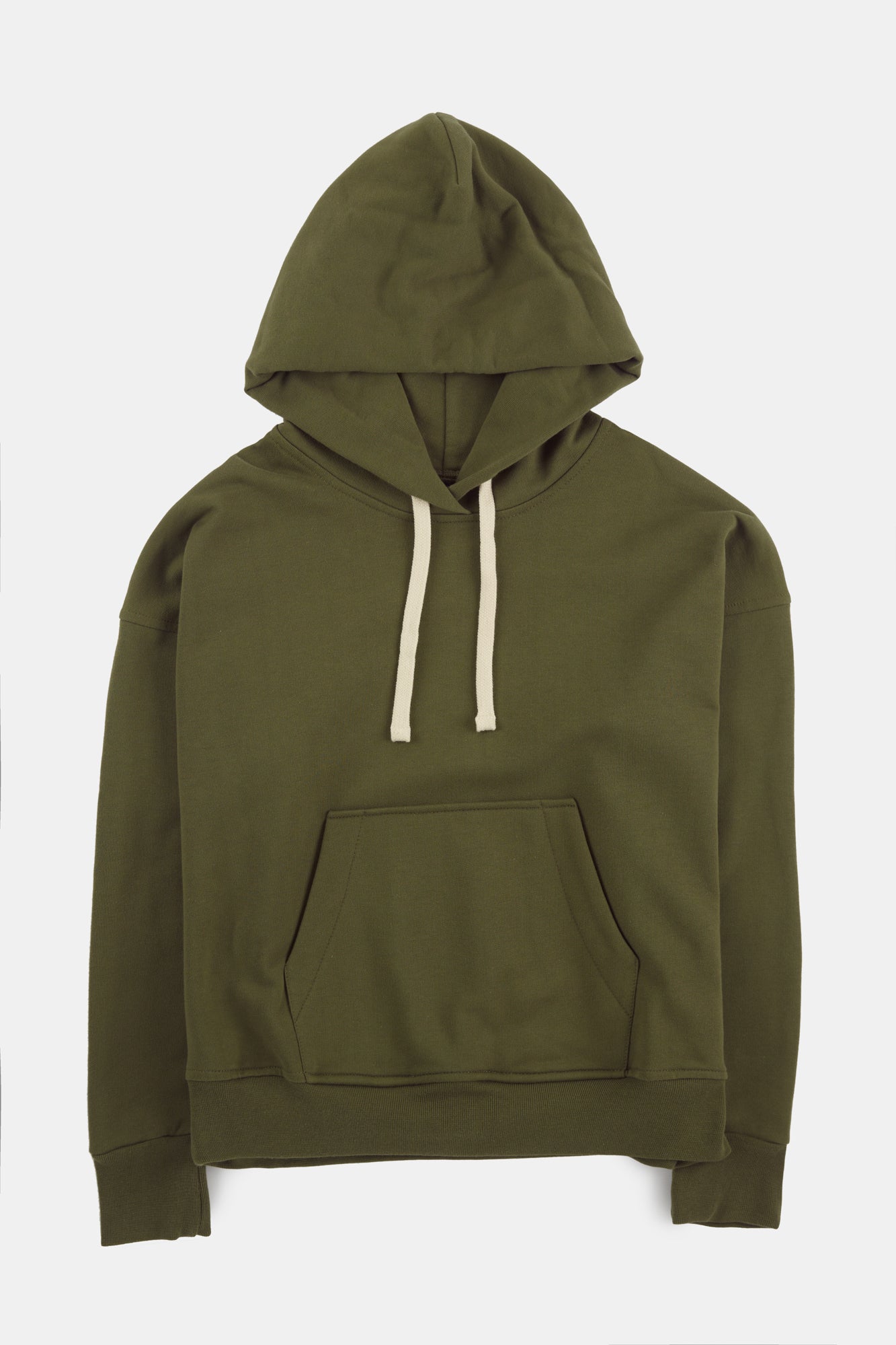 Flatlay product shot of hooded sweatshirt in olive with ecru drawcord through hood