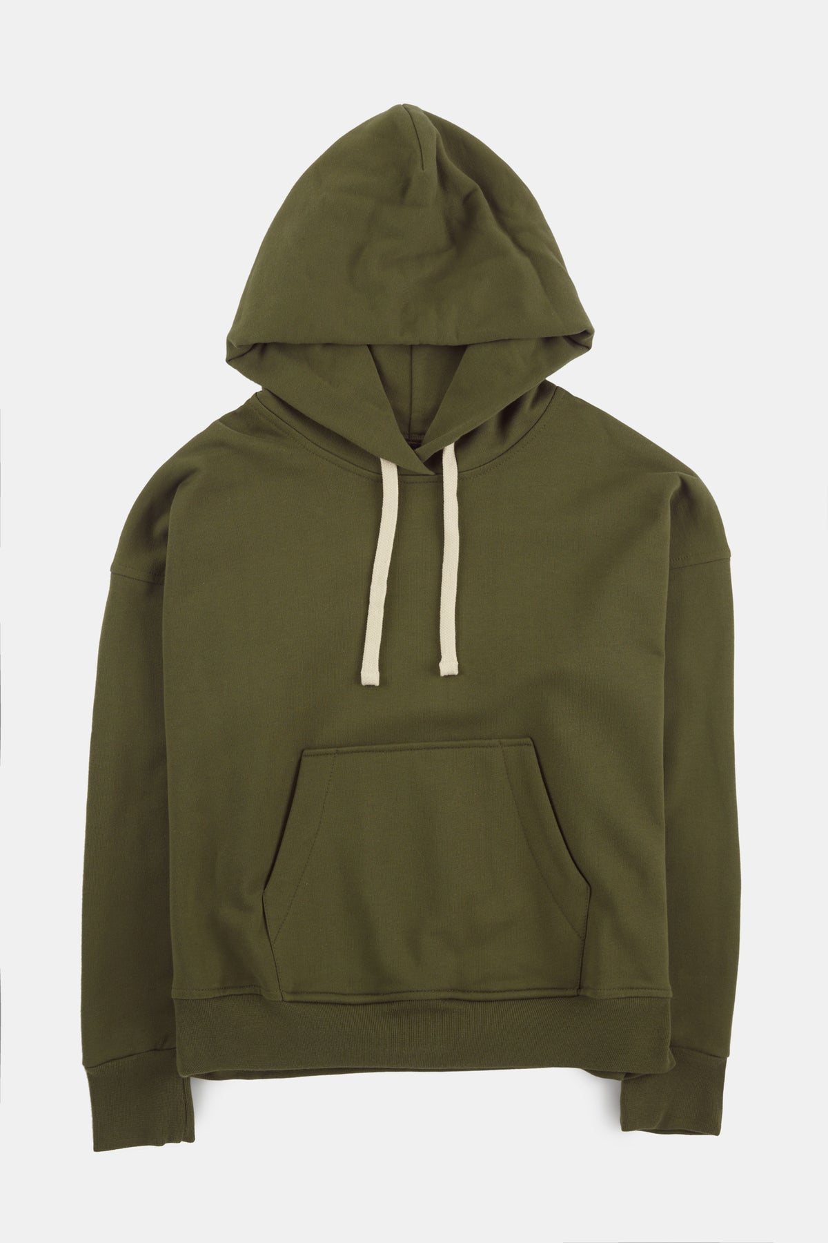 Flatlay product shot of hooded sweatshirt in olive