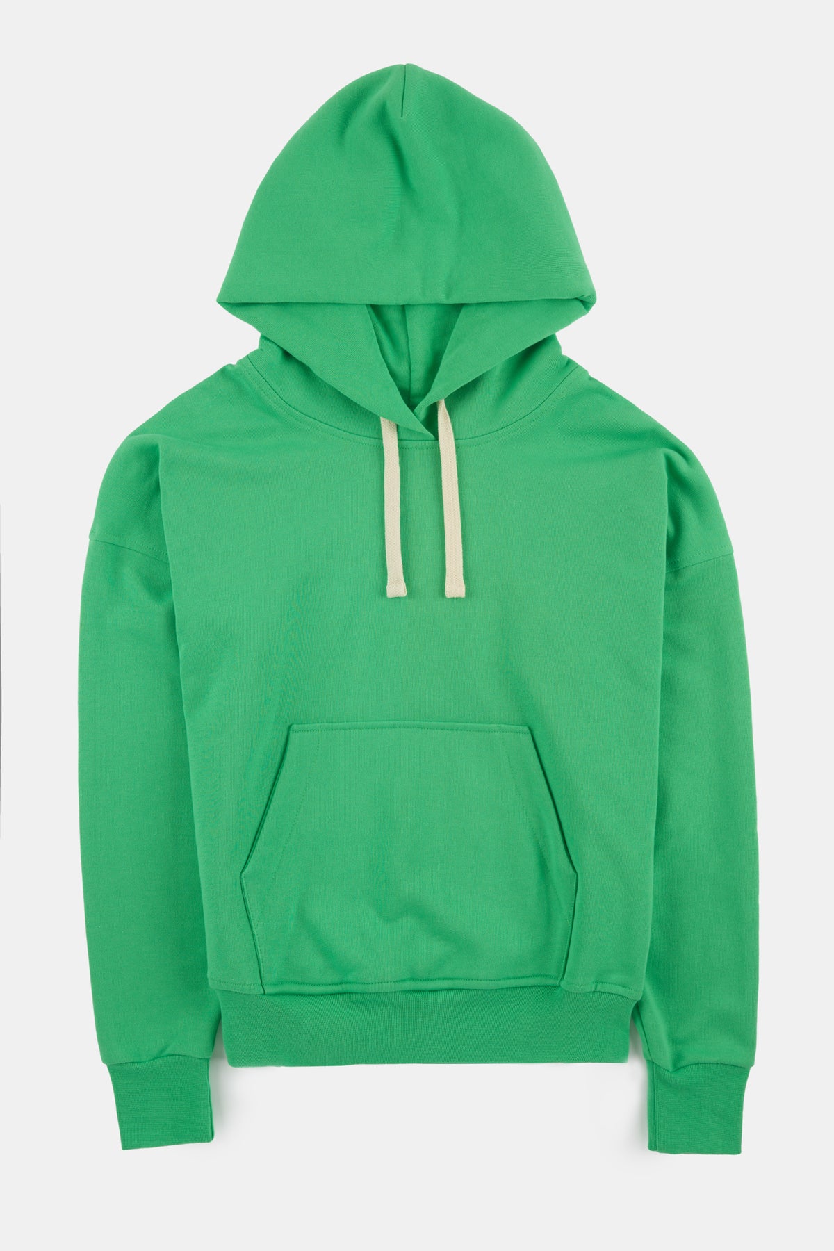 Flatlay product shot of women's hooded sweatshirt in apple green