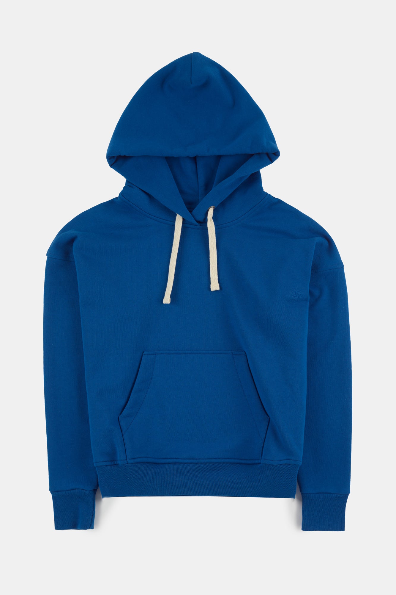 flatlay product shot of hooded sweatshirt in cobalt