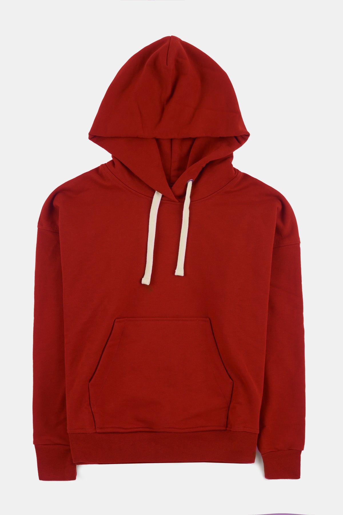 
            Flatlay product shot of men&#39;s hooded sweatshirt in crimson