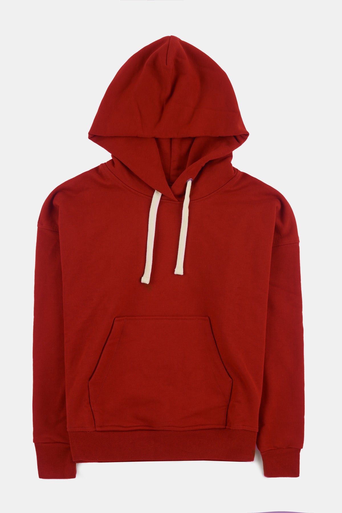Flatlay product shot of men's hooded sweatshirt in crimson