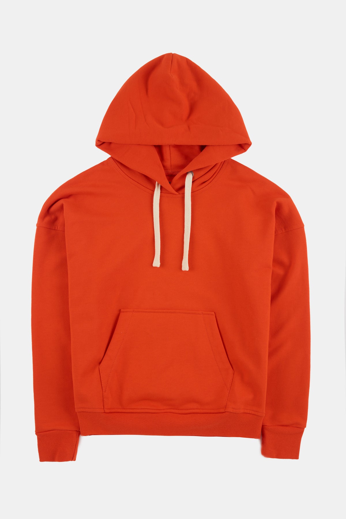Flatlay product shot of hooded sweatshirt in flame red