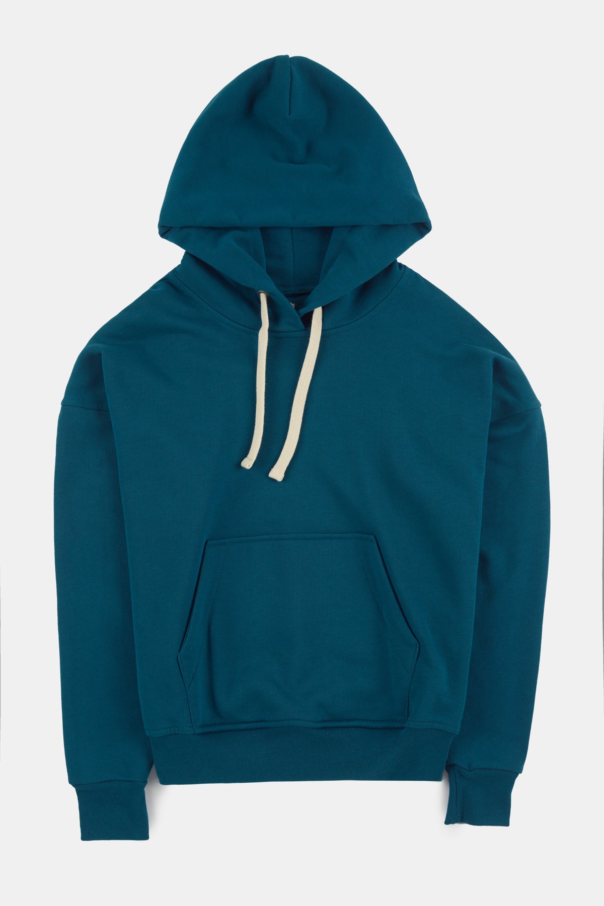 Flatlay product shot of hooded sweatshirt in teal