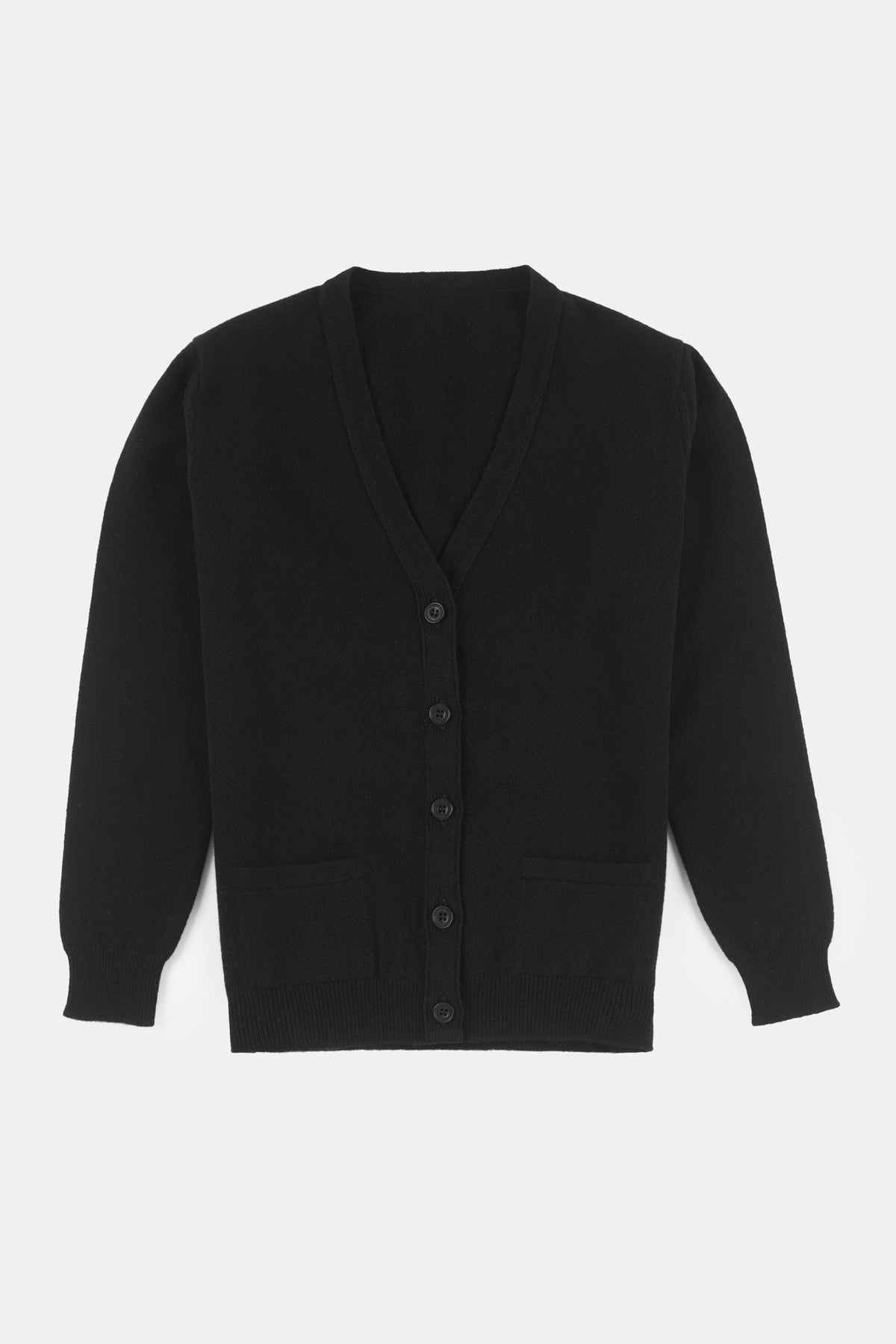 Flatlay product image of women's lambswool crew neck cardigan in black