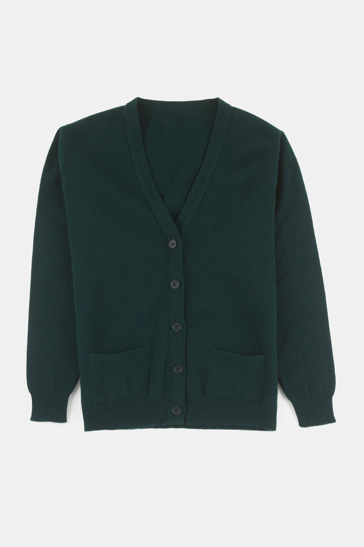 Flatlay product shot of women's lambswool cardigan in bottle green