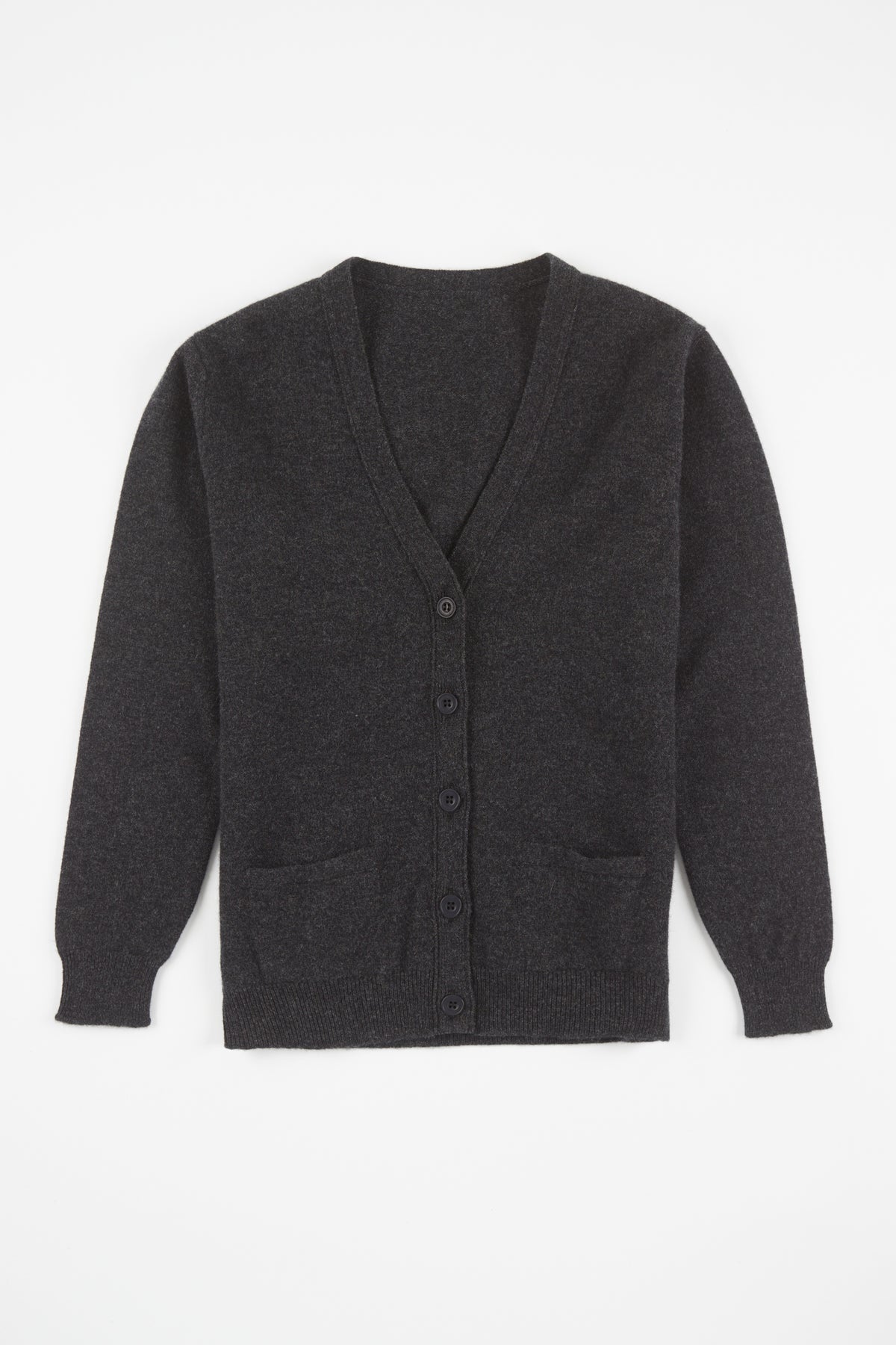 
            Flatlay product shot of women&#39;s lambswool cardigan in charcoal