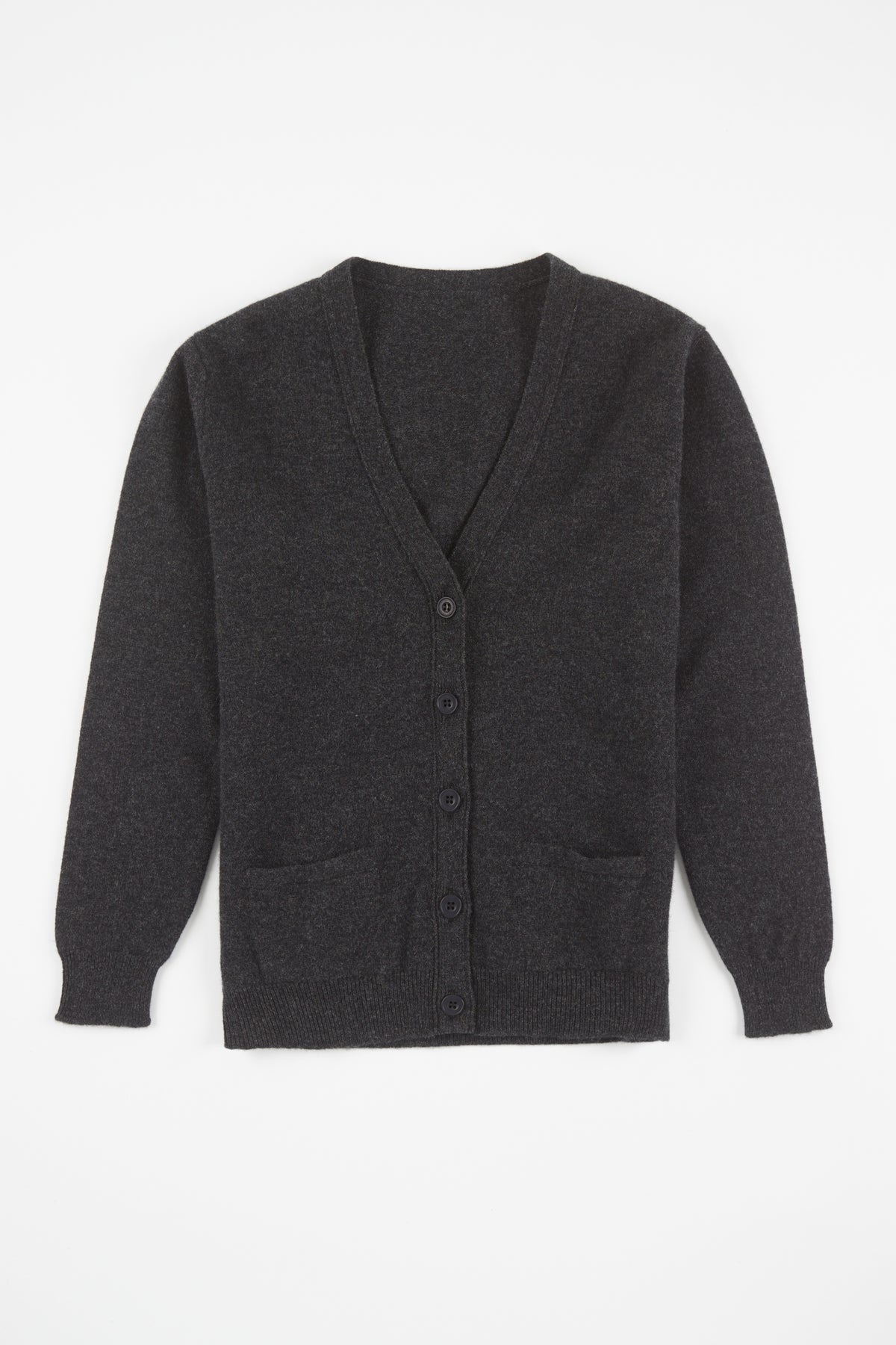 Flatlay product shot of women's lambswool cardigan in charcoal