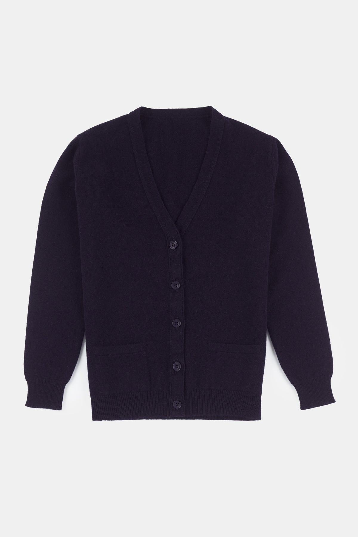 
            Flatlay product image of women&#39;s lambswool v neck cardigan in navy 