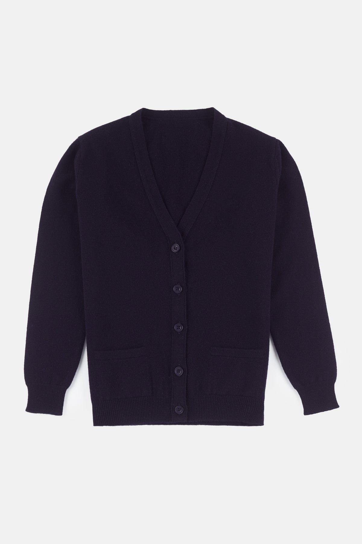 Flatlay product image of women's lambswool v neck cardigan in navy