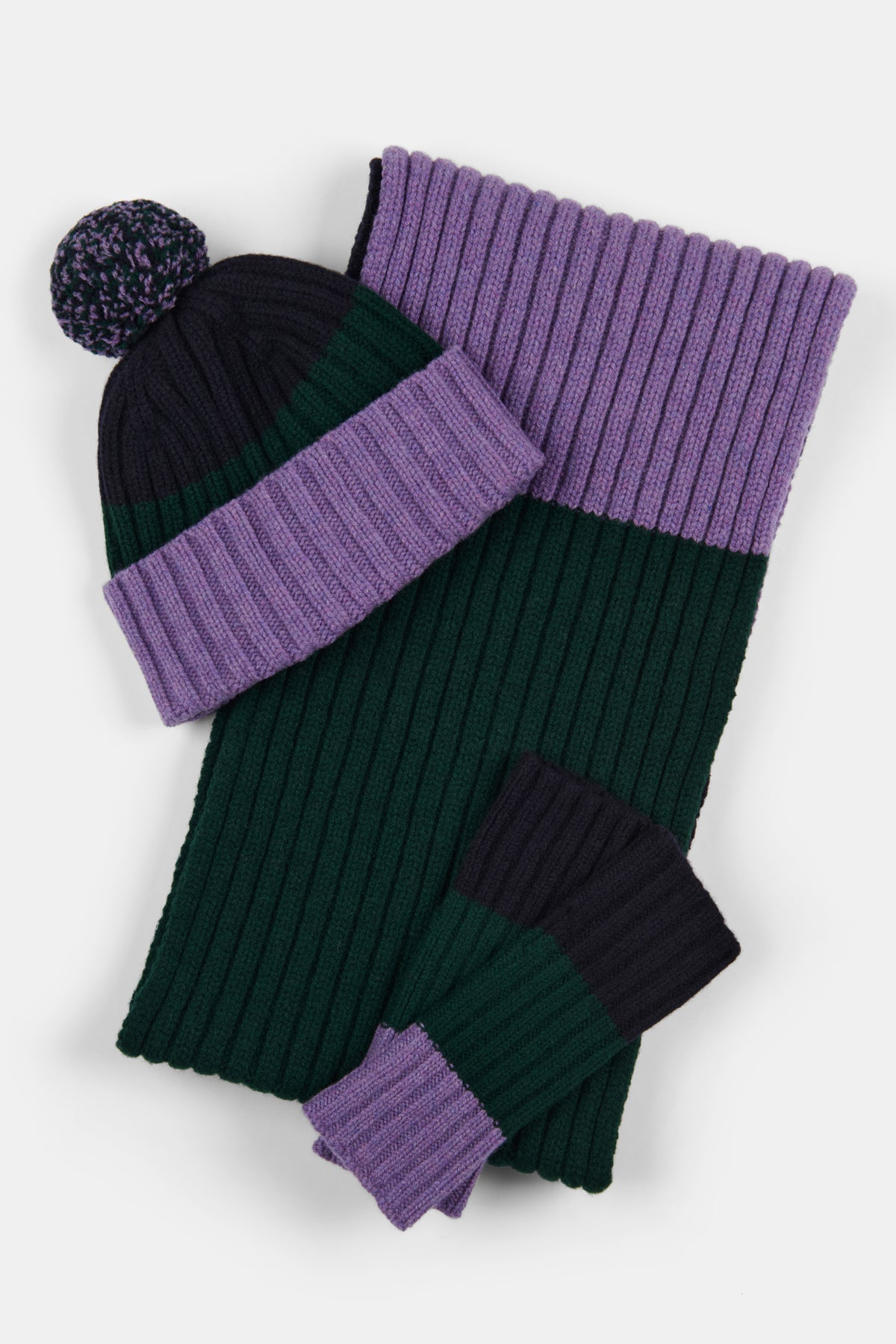 
            Striped Hat, Glove, Scarf Set - Navy/Green/Purple