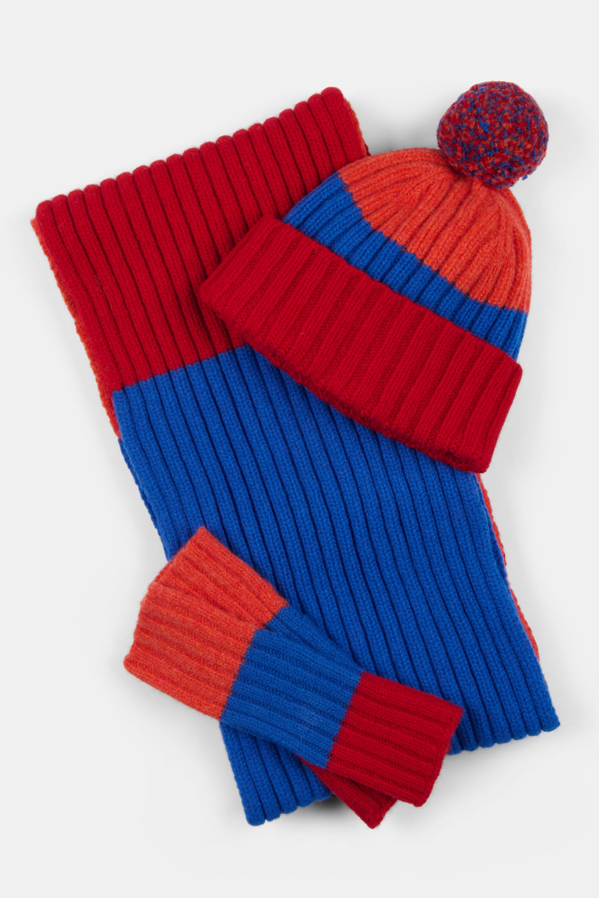 
            Stripe hat, scarf and glove set in red, orange and blue