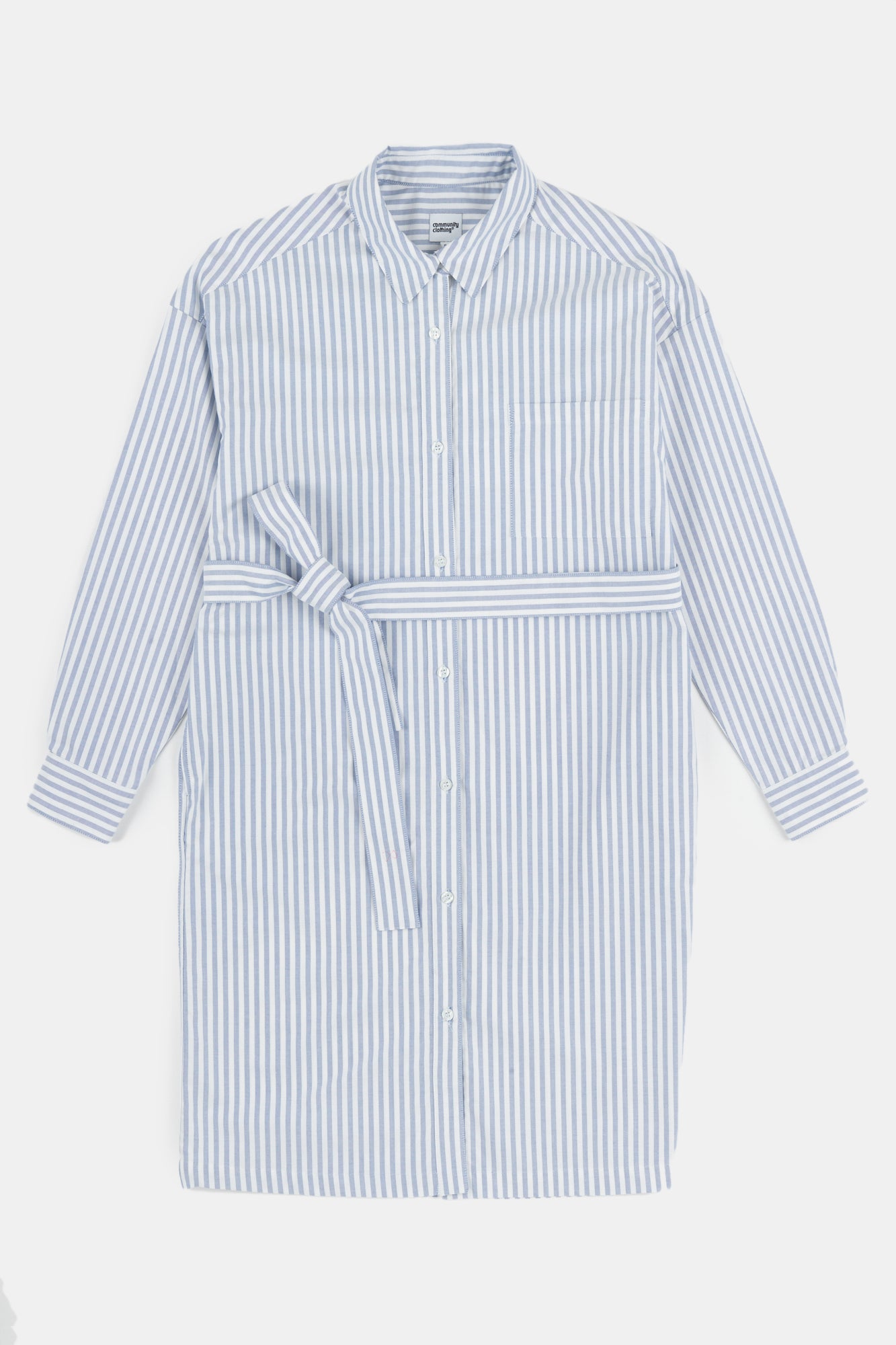 Flatlay product shot of Lorelle belted midi cotton skirt dress in blue white stripe