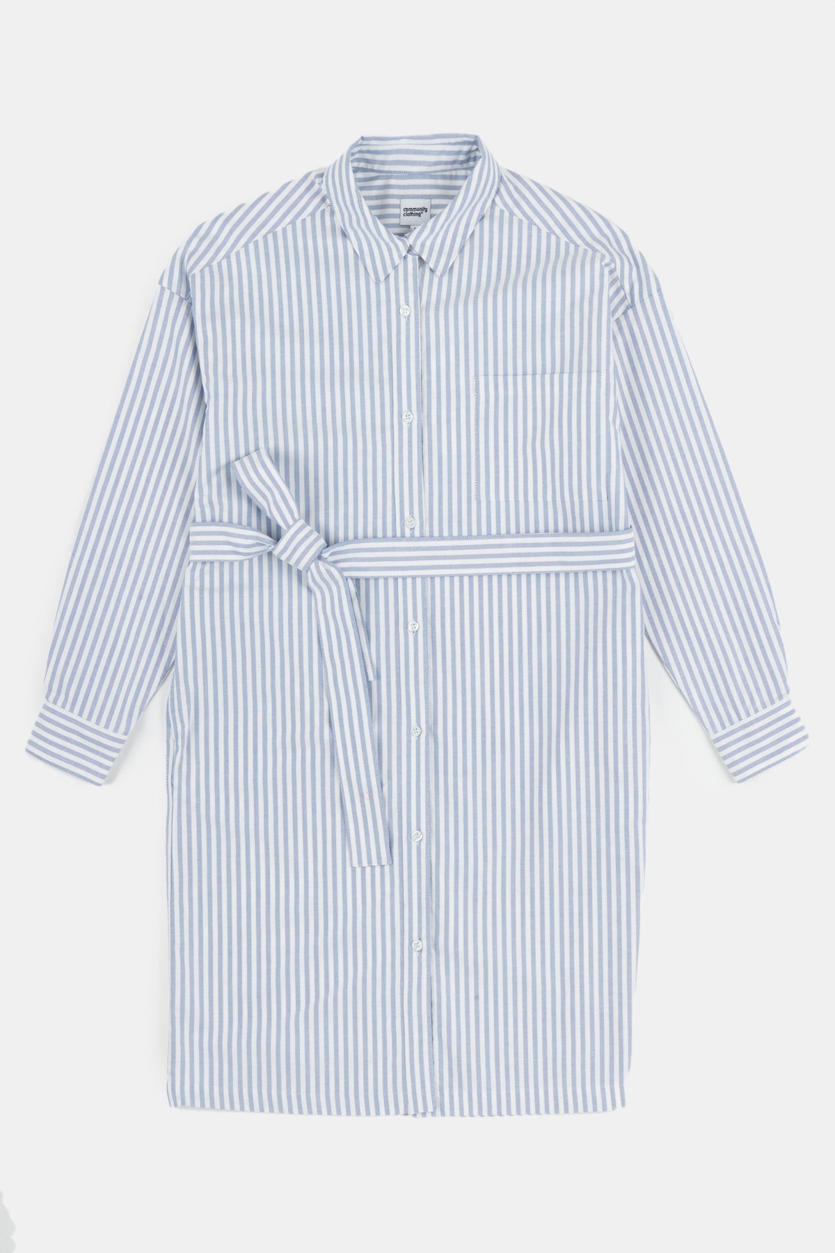 Flatlay product shot of Lorelle belted midi cotton skirt dress in blue white stripe