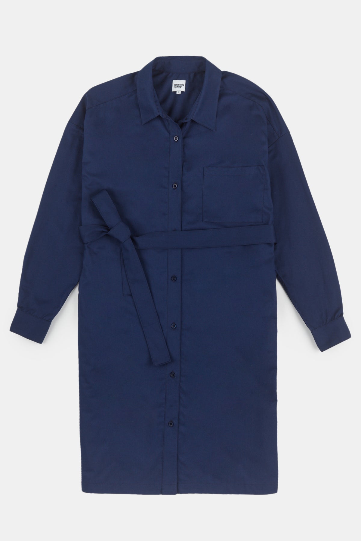 
            Flatlay product shot of women&#39;s lorelle belted midi cotton shirt dress in navy