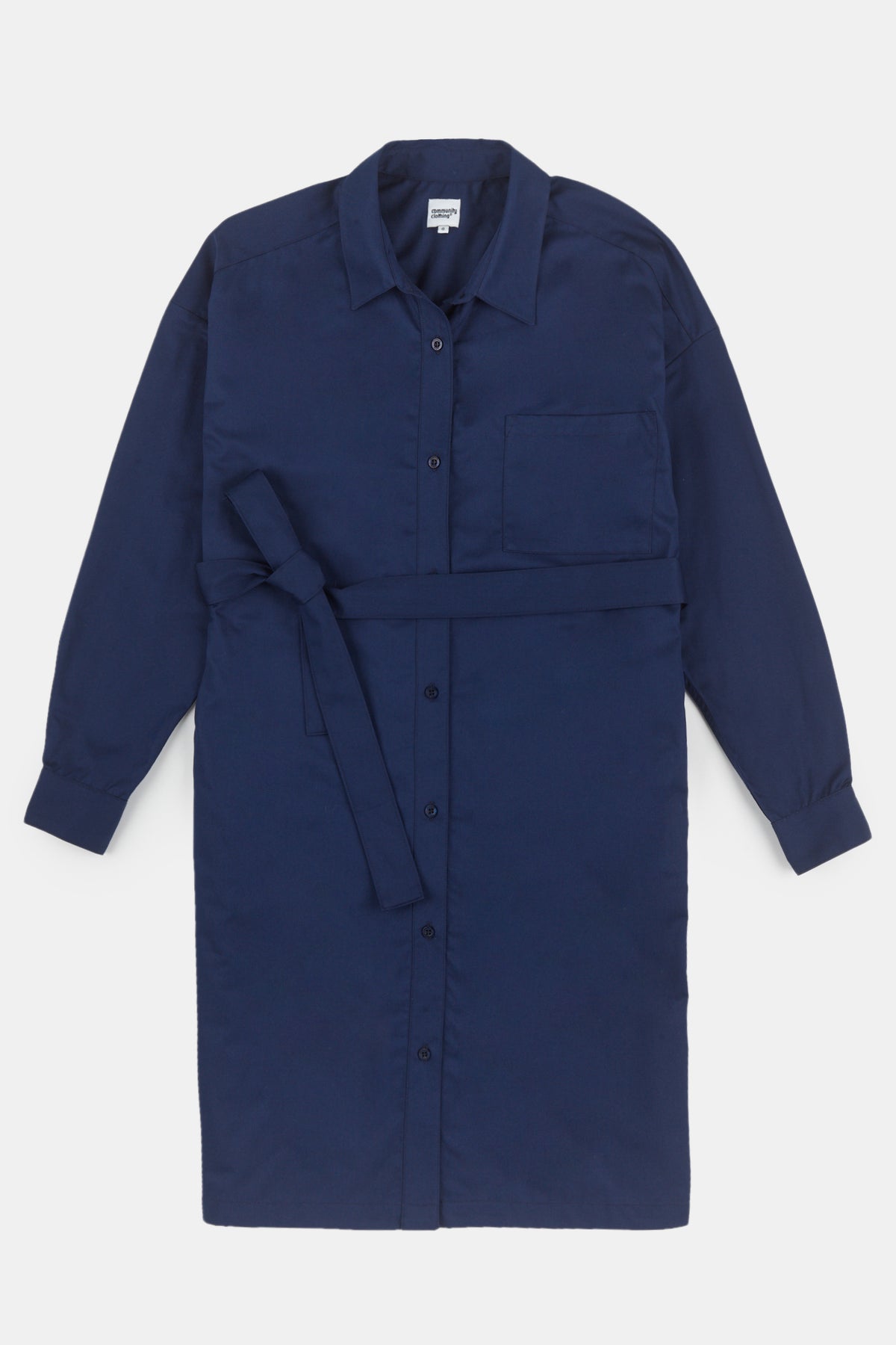 Flatlay product shot of women's lorelle belted midi cotton shirt dress in navy