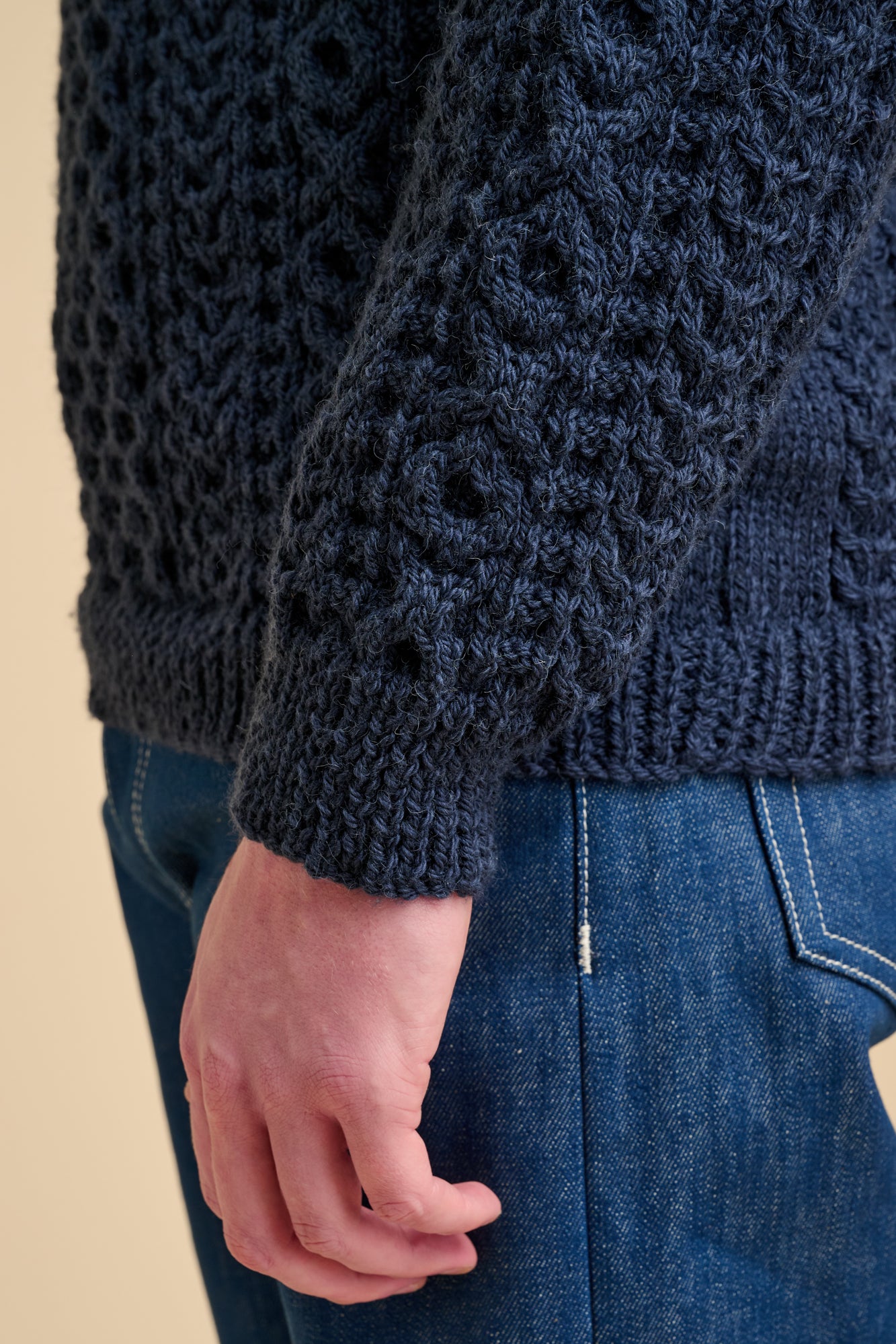 Mens Hand Knit Aran Sweater - Navy