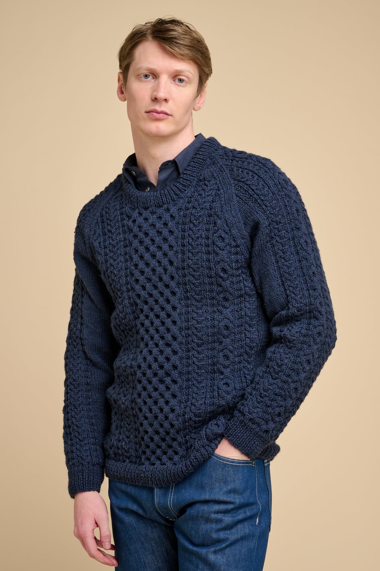 Mens Hand Knit Aran Sweater - Navy