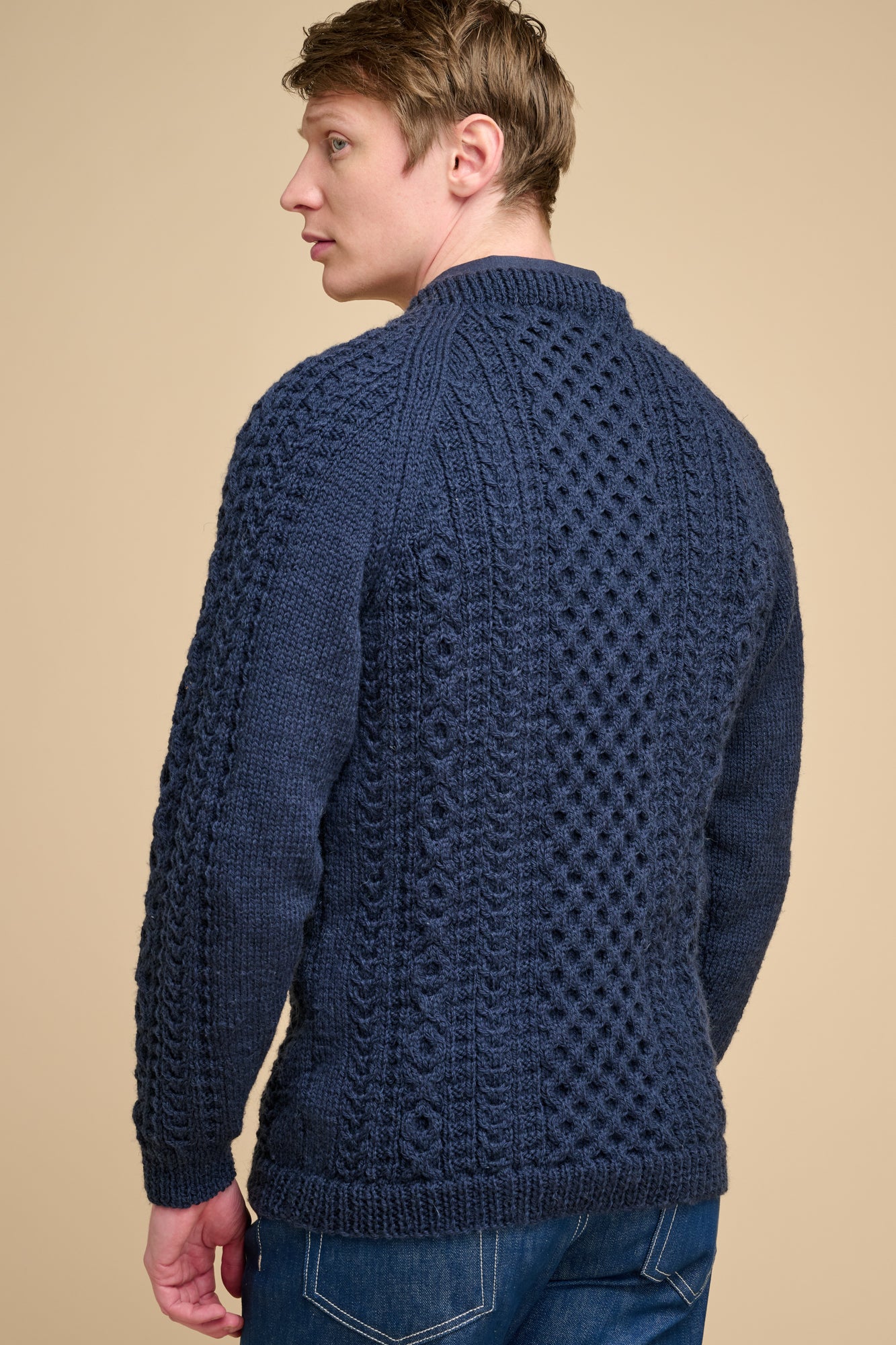Mens Hand Knit Aran Sweater - Navy