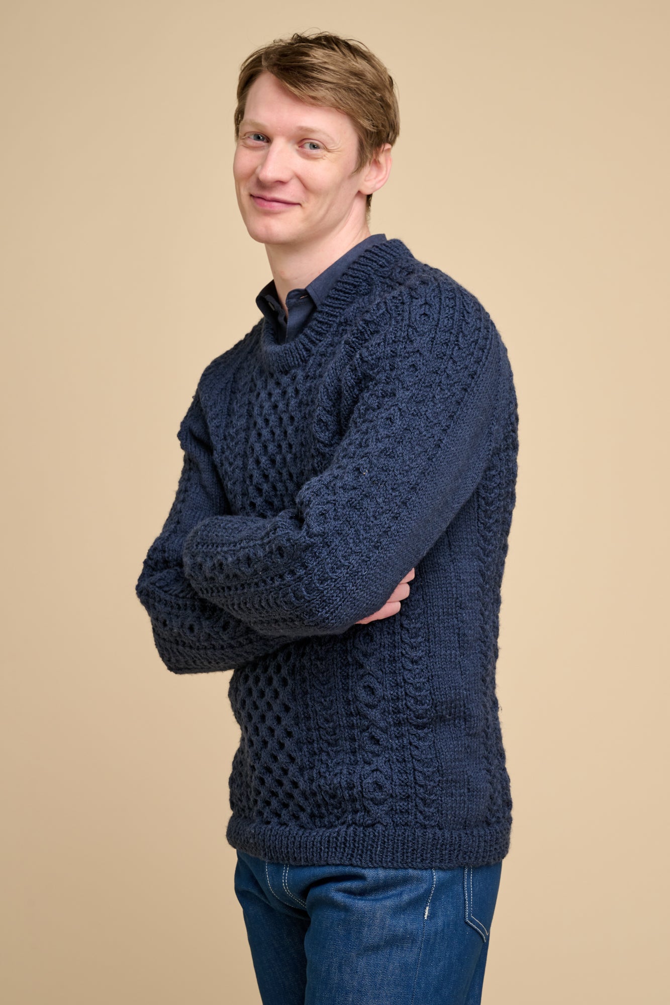 Mens Hand Knit Aran Sweater - Navy