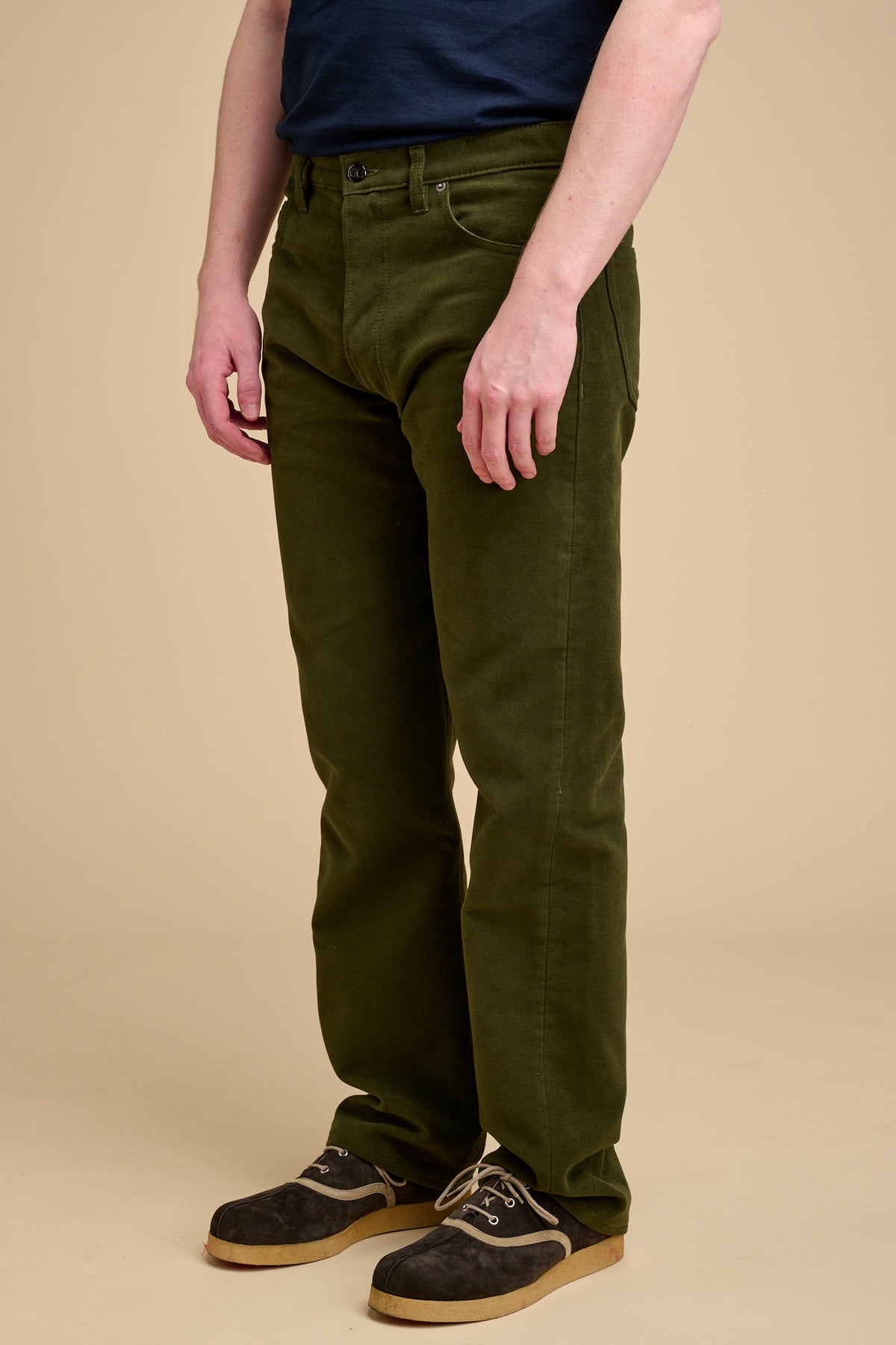 Male dark olive wearing moleskin jeans.