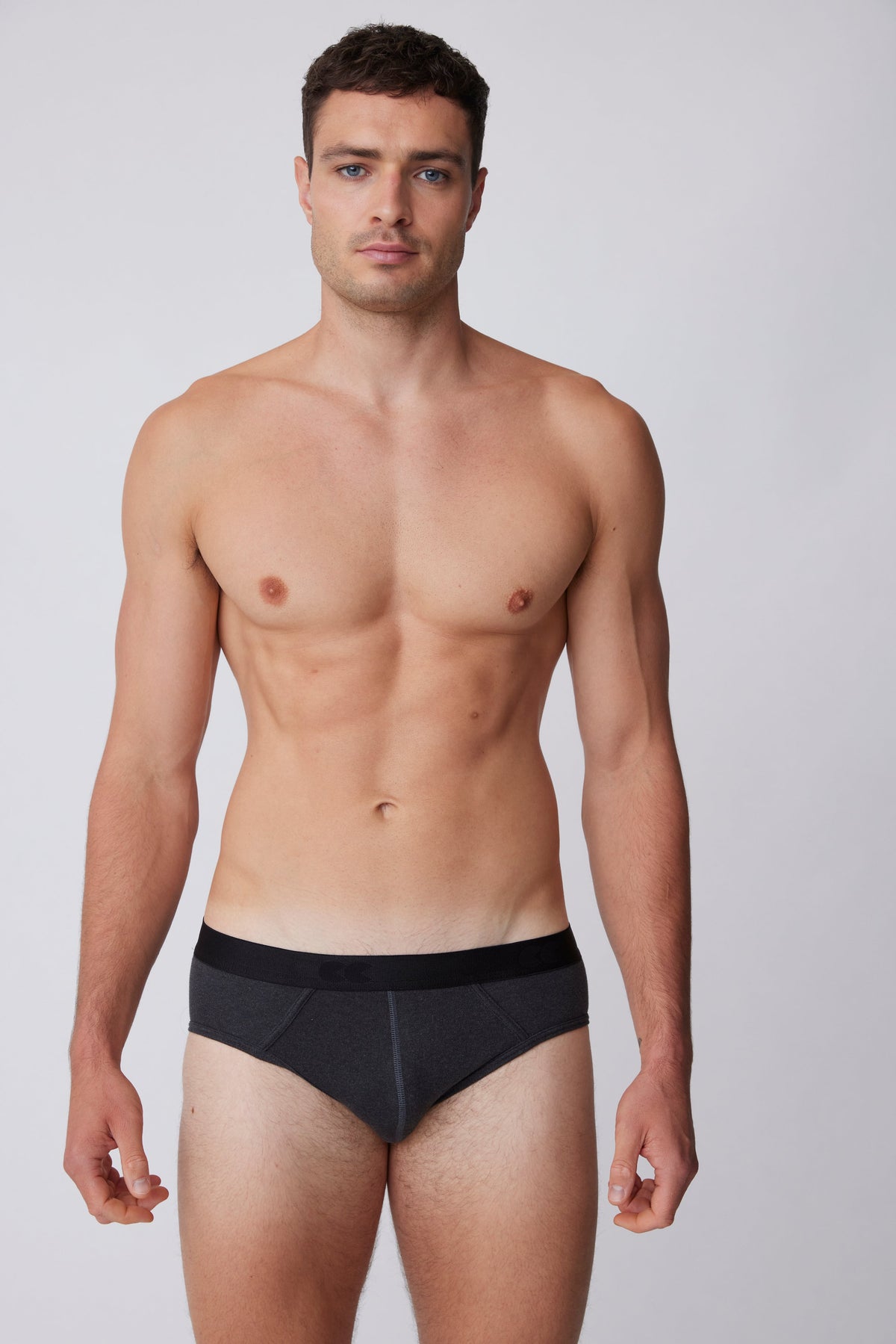 
            White male wearing charcoal marl brief 