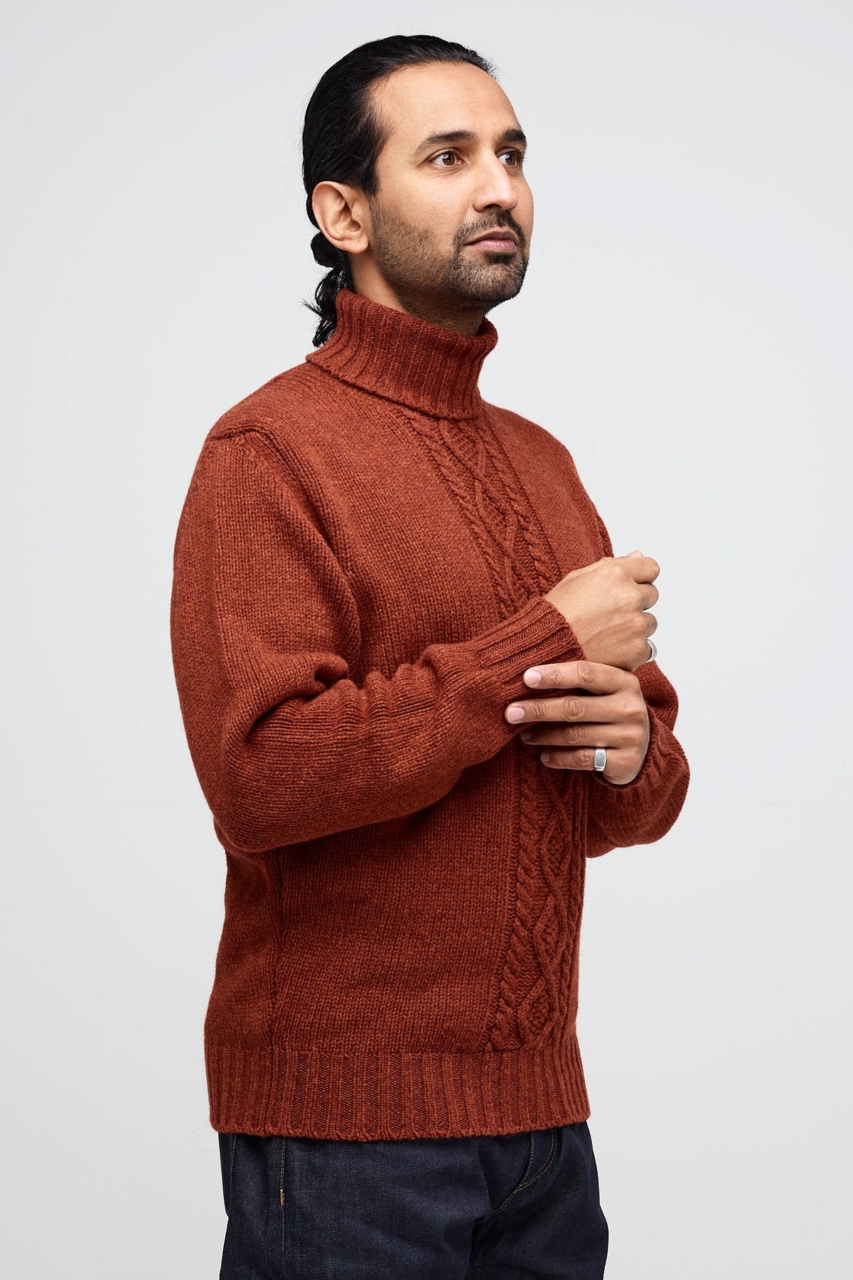 
            Men&#39;s 6ply Cable Knit Roll Neck - Burnt Cinnamon