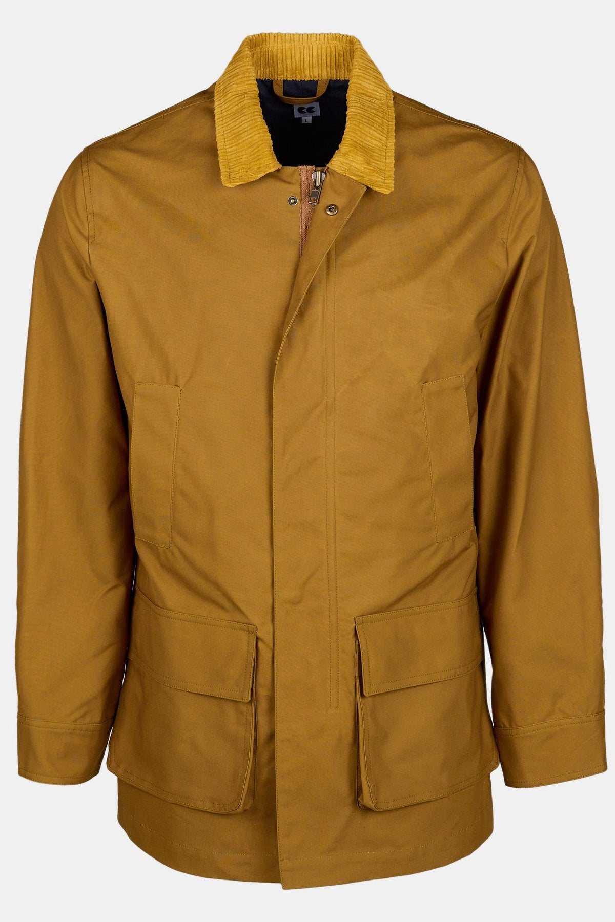 Image of men's car coat in dark tan on ghost mannequin, cord collar with four front pockets