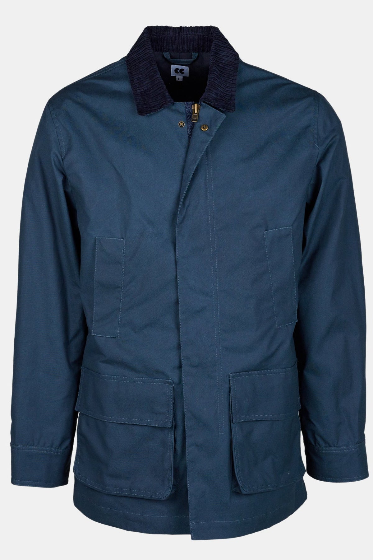 
            Ghost mannequin product shot of men&#39;s car coat in navy, with four front pockets and zip and button fastenings