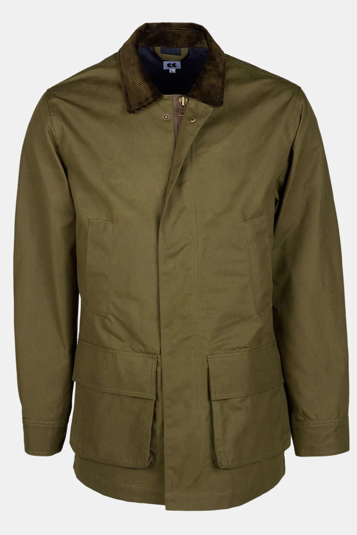 Ghost mannequin product shot of car coat in olive