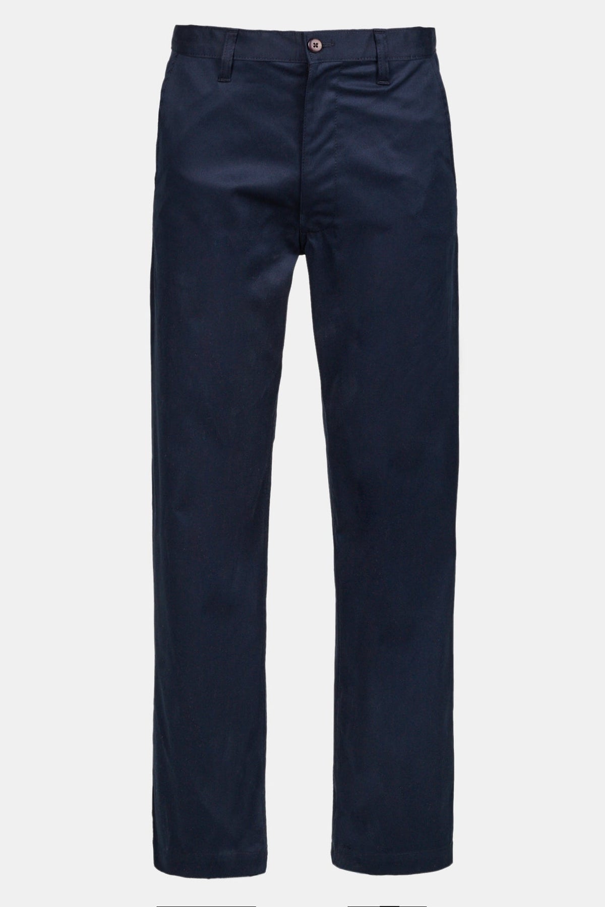Men's slim stretch chinos in navy shot on ghost mannequin