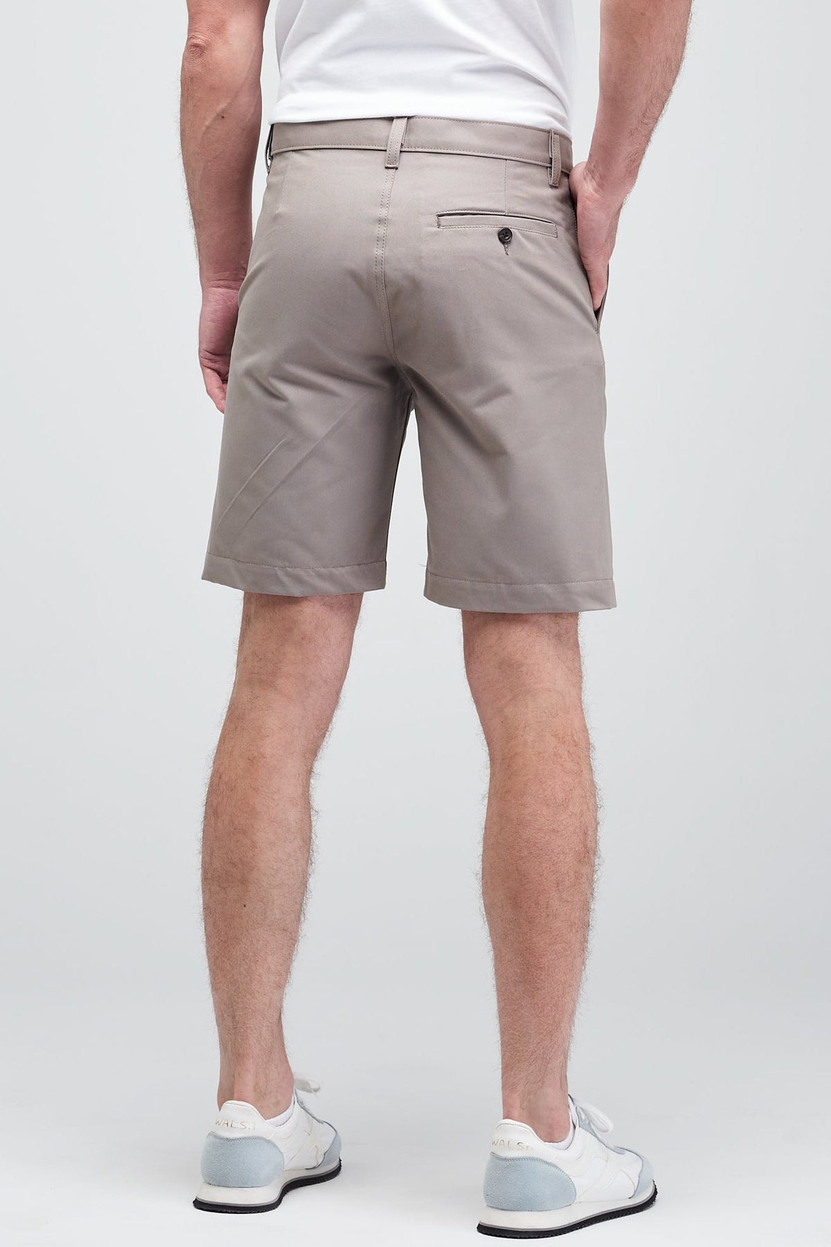 
            rear of white male in stone grey classic shorts