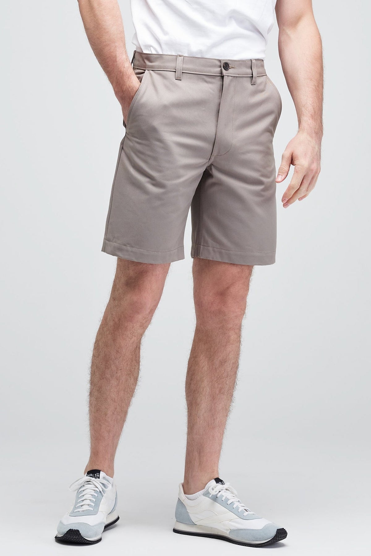 
            pocket detail of white male in stone grey classic shorts