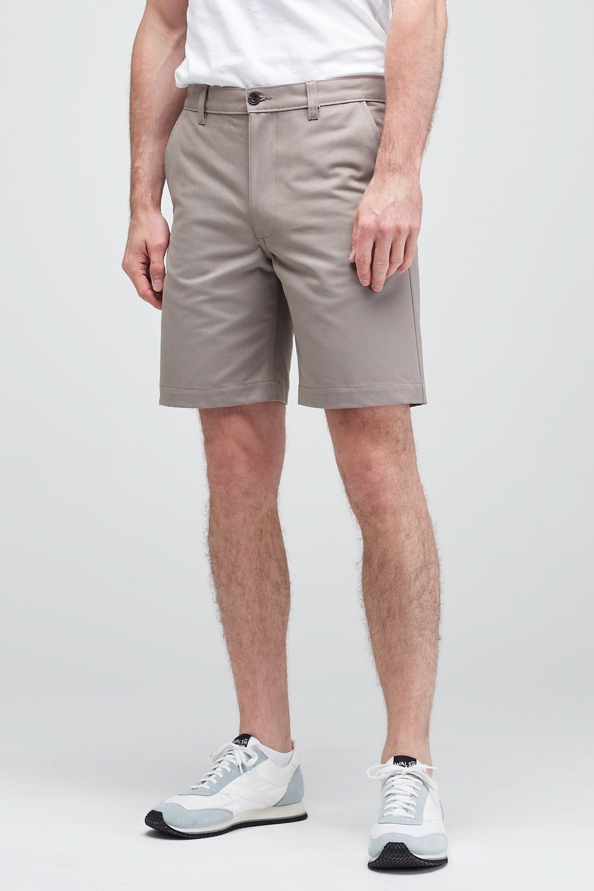 
            white male in stone grey classic shorts