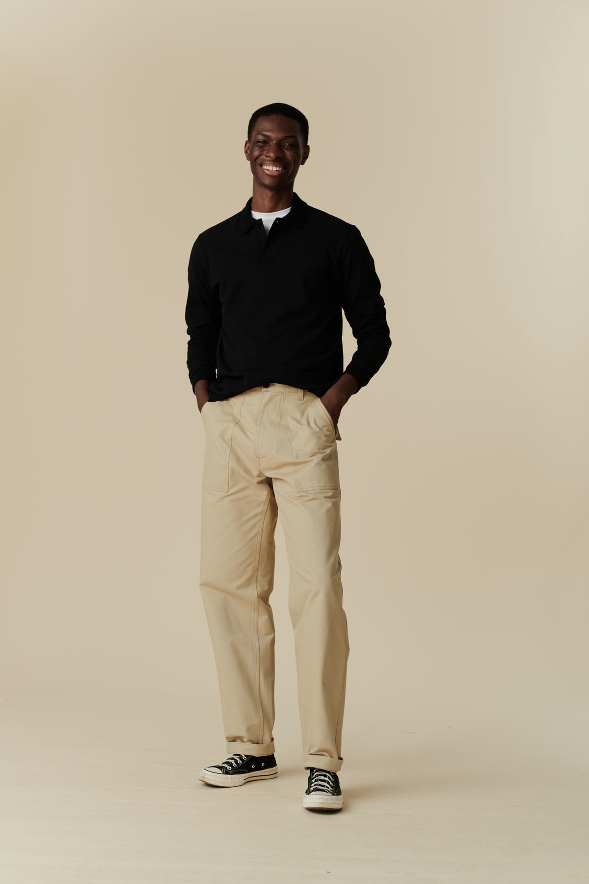 Full body image of male wearing combat trouser in putty