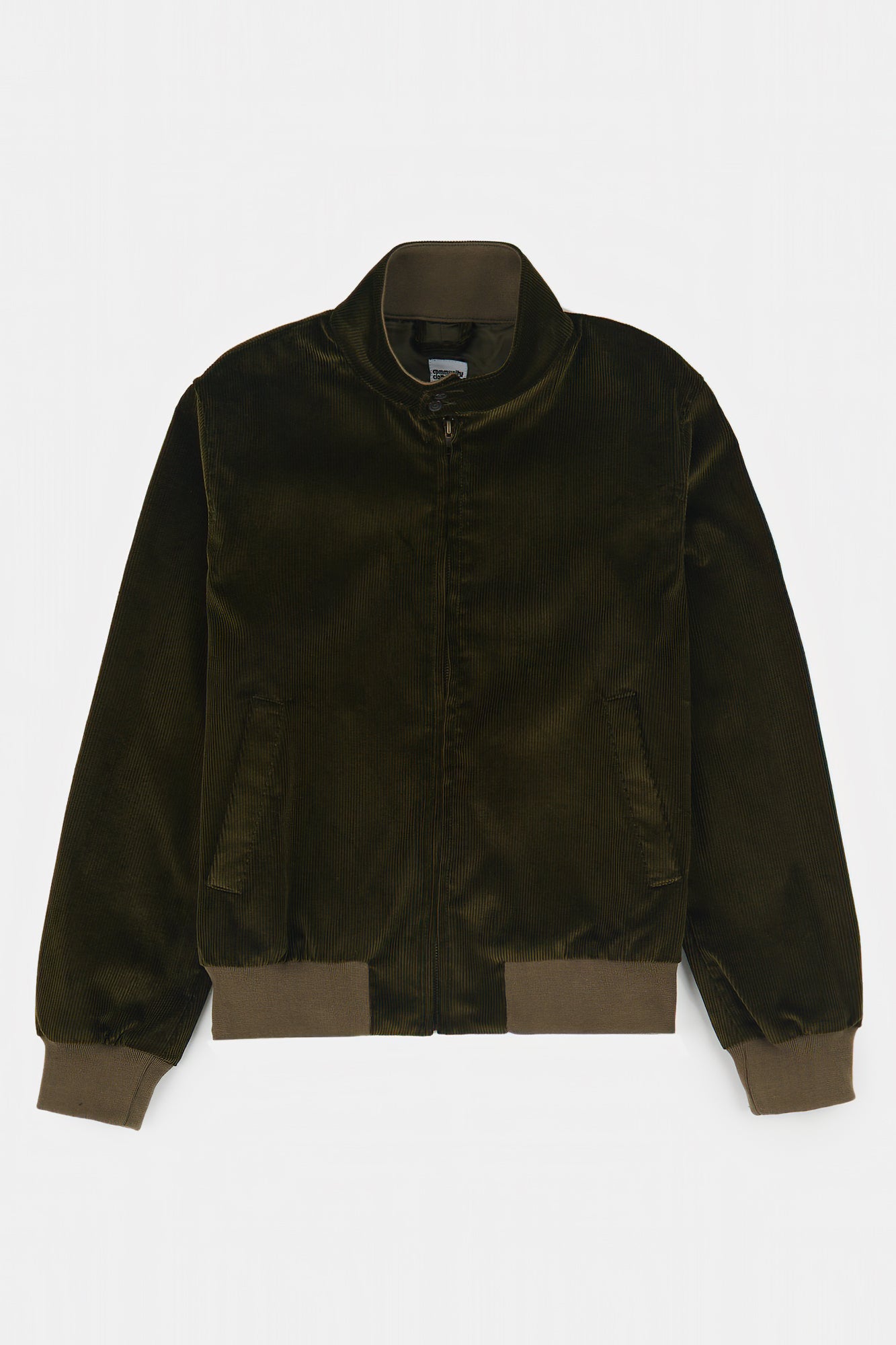 Flatlay product shot of men's corduroy Harrington in olive
