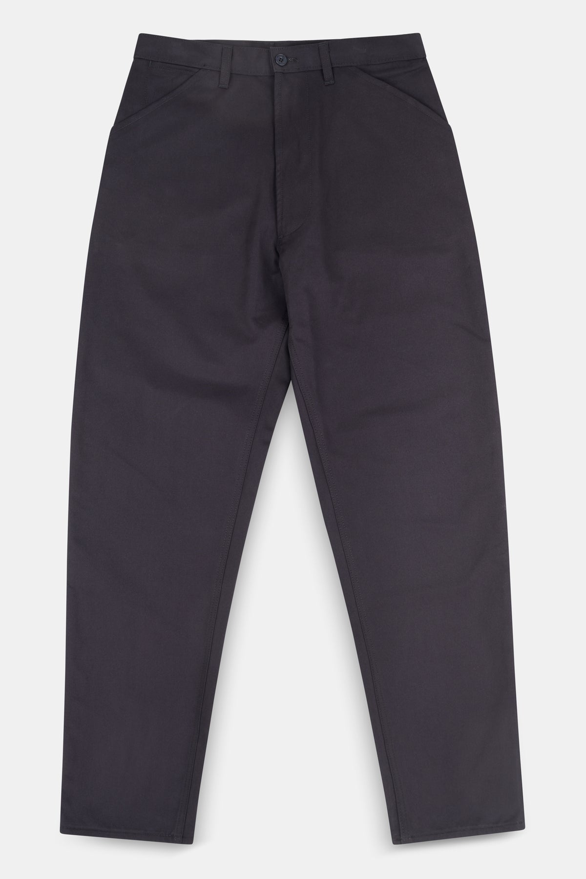 Men's cotton chore trousers in navy flatlay