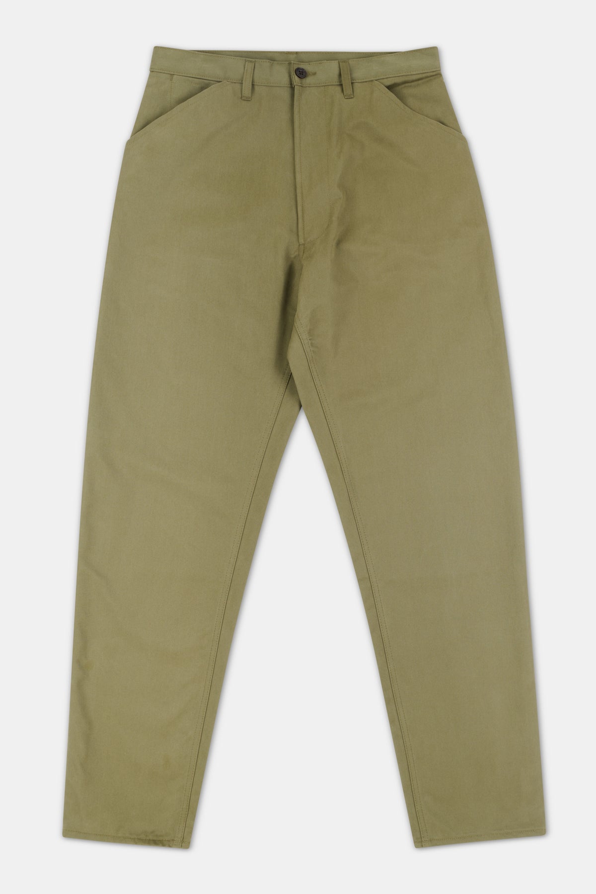 Men's cotton chore trousers in olive with two front pockets and belt loops