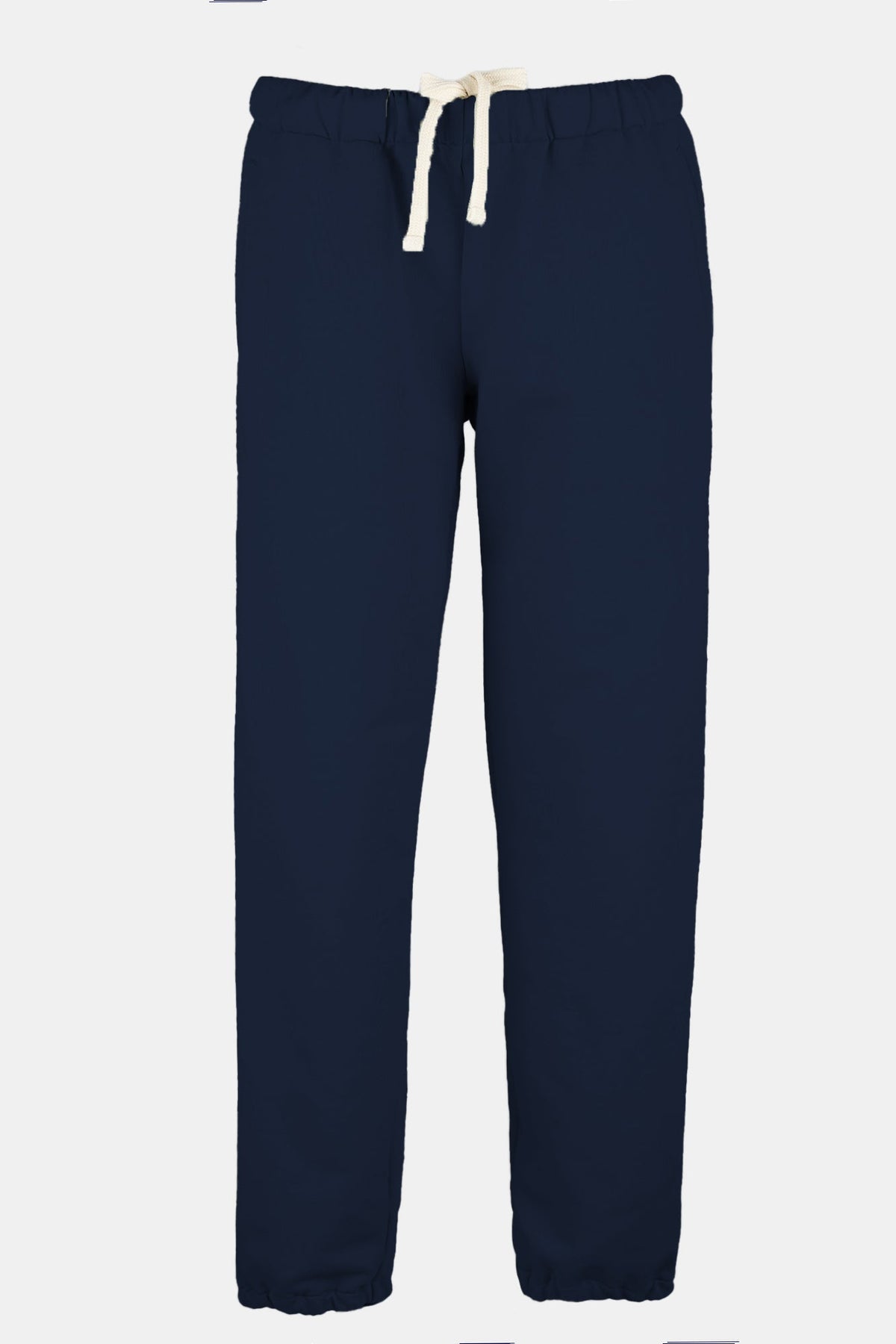 
            navy sweatpants on ghost mannequin, ecru waist drawstring.