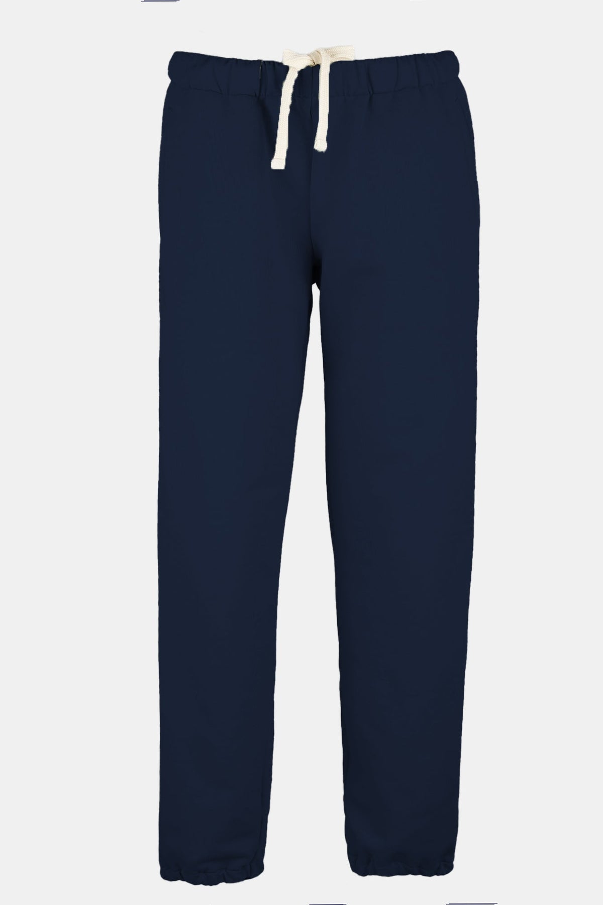 navy sweatpants on ghost mannequin, ecru waist drawstring.