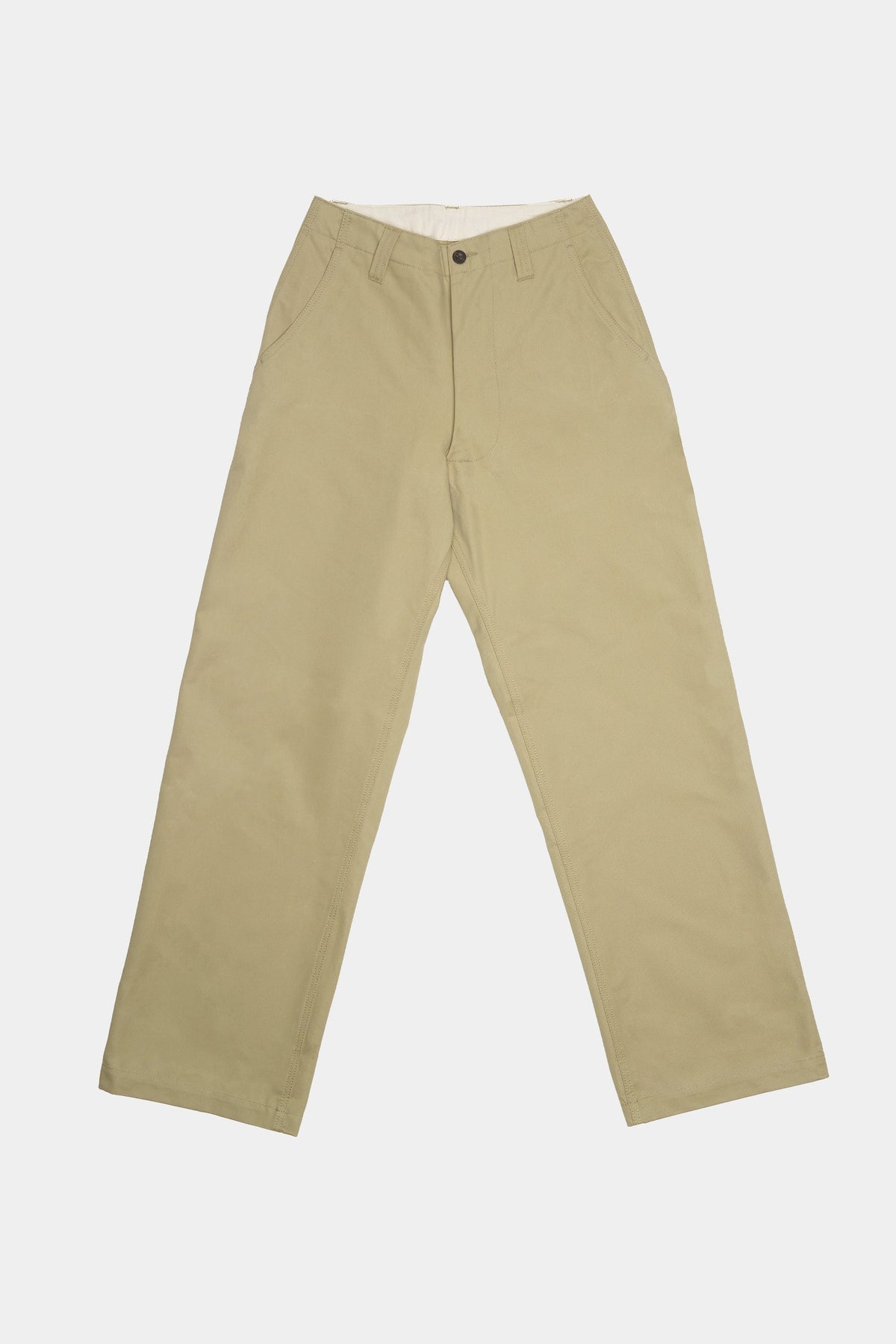 Flatlay product shot of men's field trousers in stone