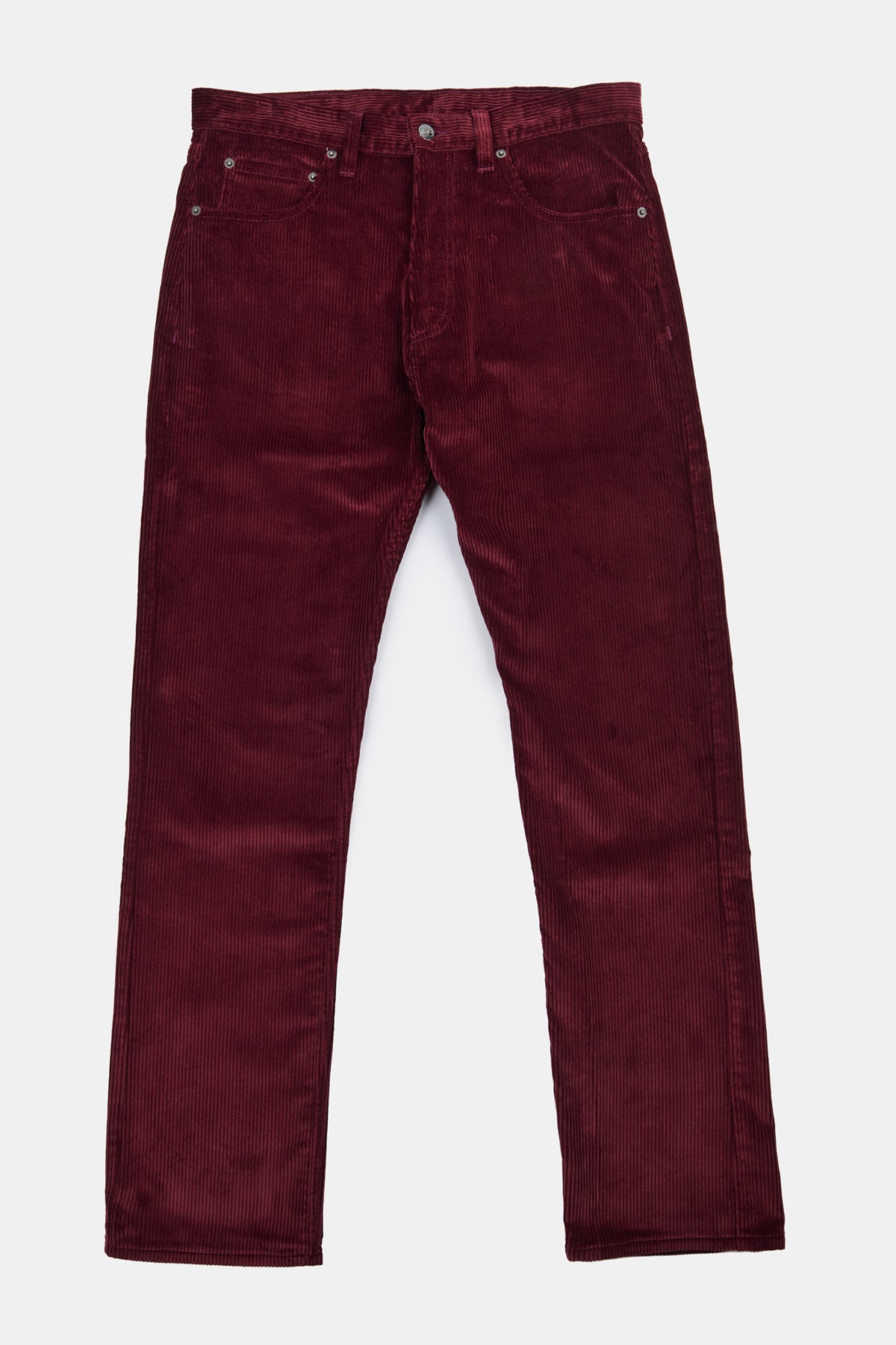 Flatlay of men's five pocket cord trousers in Burgundy