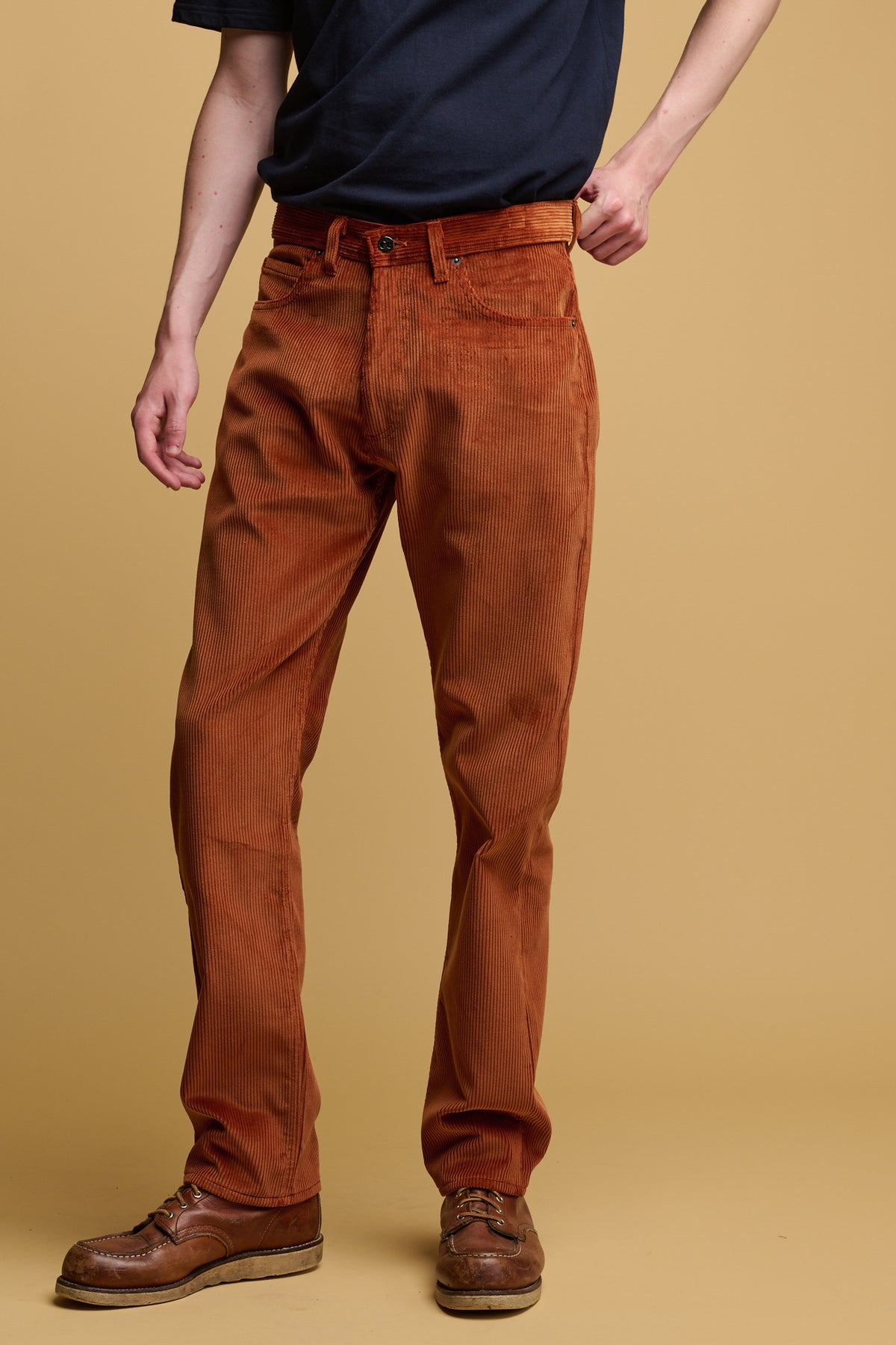 
            chest down of the front of male wearing cinnamon cord trousers with short sleeved t shirt tucked in