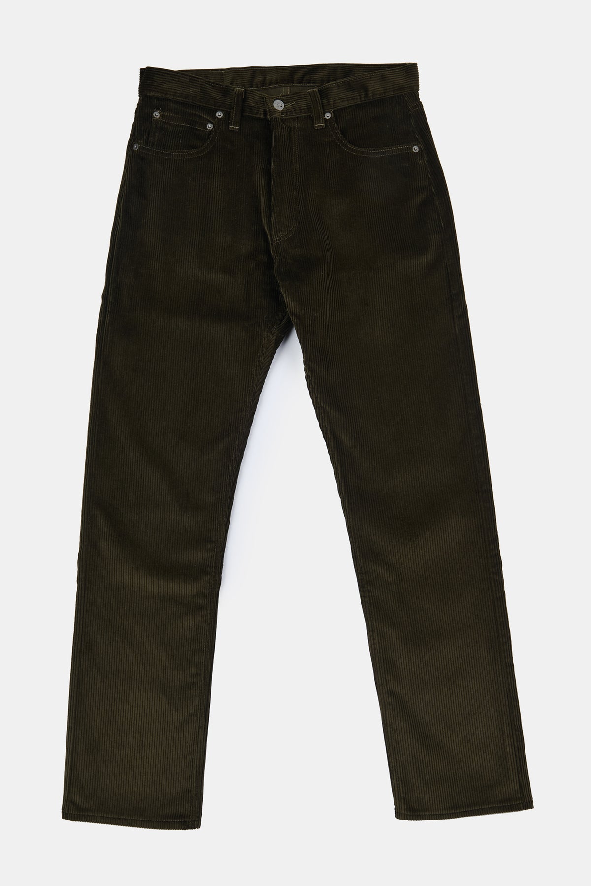 Flatlay of men's five pocket cord trousers in dark olive