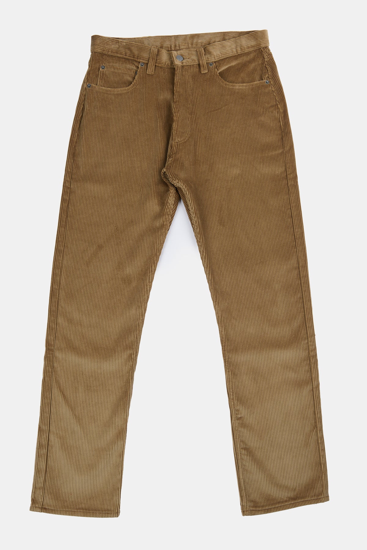 Flatlay of men's five pocket cord trousers in stone