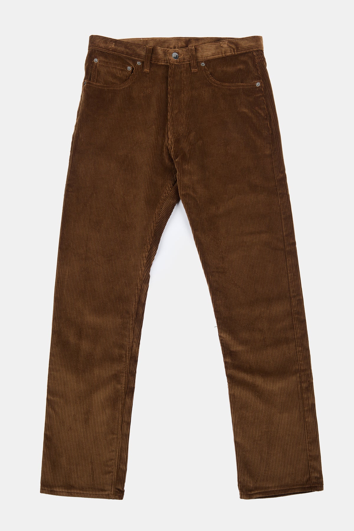 Flatlay of men's five pocket cord trousers in tan